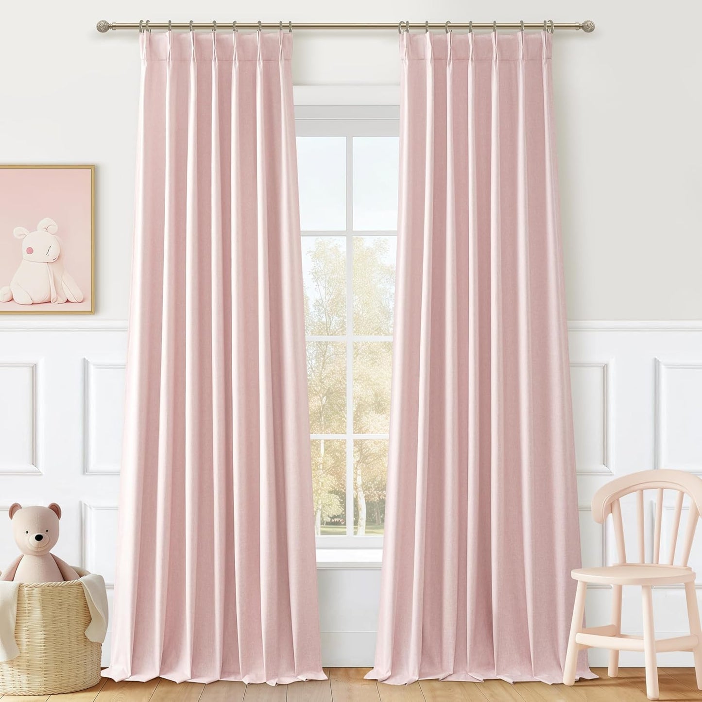 Baby Pink Blackout 102 Inch Long Curtains for Living Room, Farmhouse Textured Linen Pinch Pleat Thermal Insulated Boho Curtain 2 Panels Set for Sliding Glass Door 40 x 102 Length Window Drapes Burg