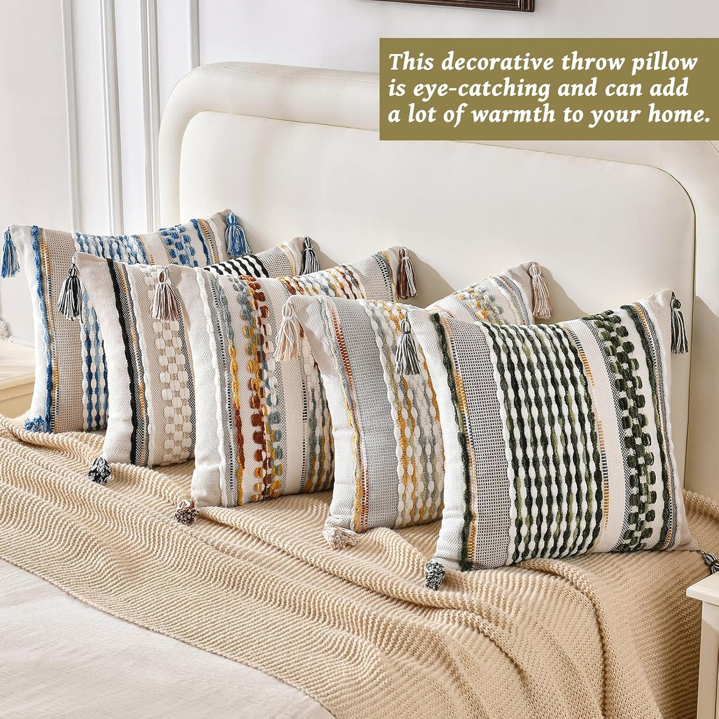AmHoo Chenille Striped Textured Boho Throw Pillow Covers Aesthetic with Tassels Woven Decorative Pillow Case for Couch Bed Sofa Bedroom Modern Funky 18 x 18-Inch Sky Blue