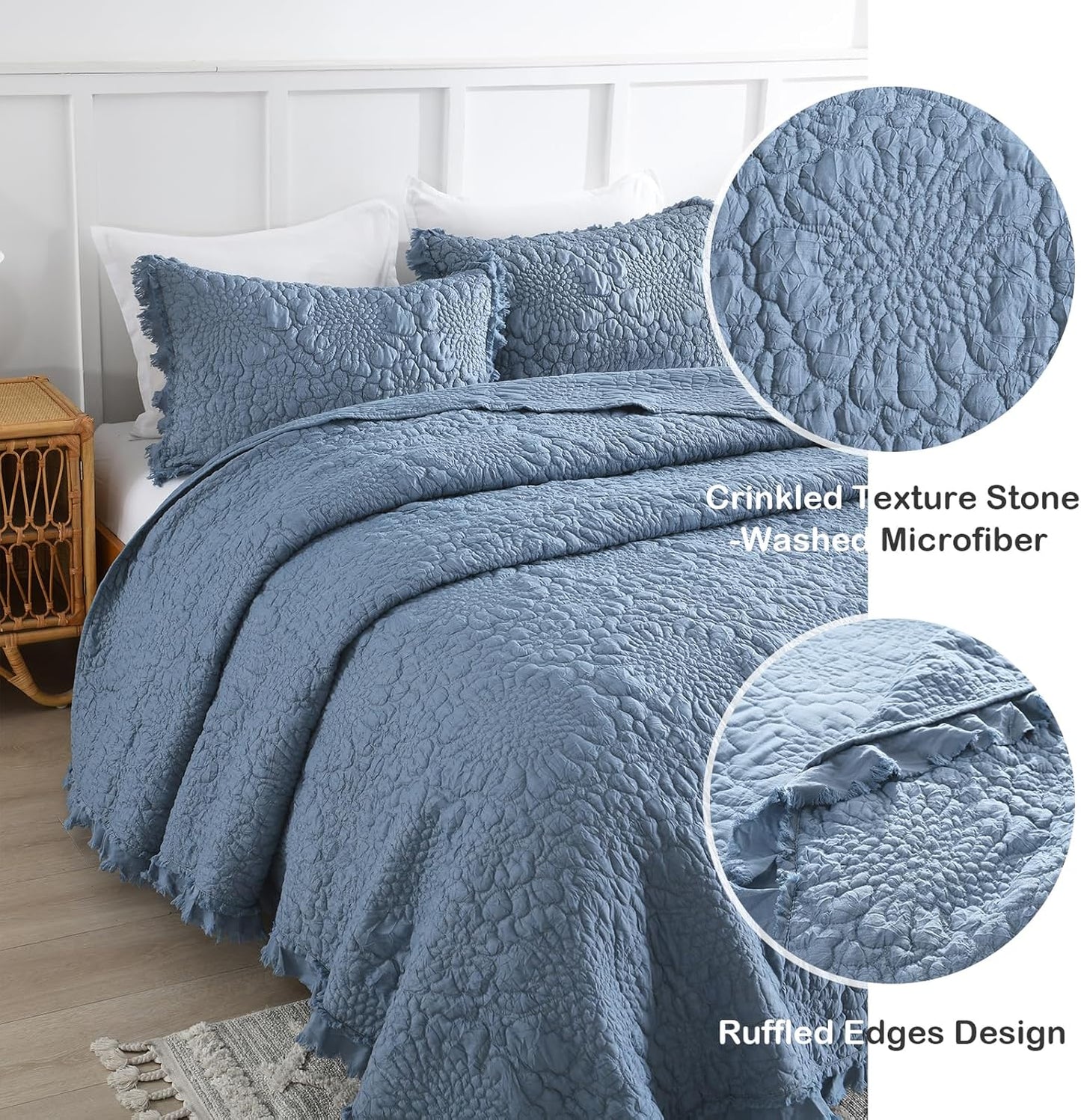 HORIMOTE HOME Blue Ruffled Quilt Twin Size, Stone-Washed Microfiber Lightweight Crinkled Farmhouse Rustic Shabby Chic Bedding Set, 2 Pieces Reversible Bedspread with Pillow Sham for All Season
