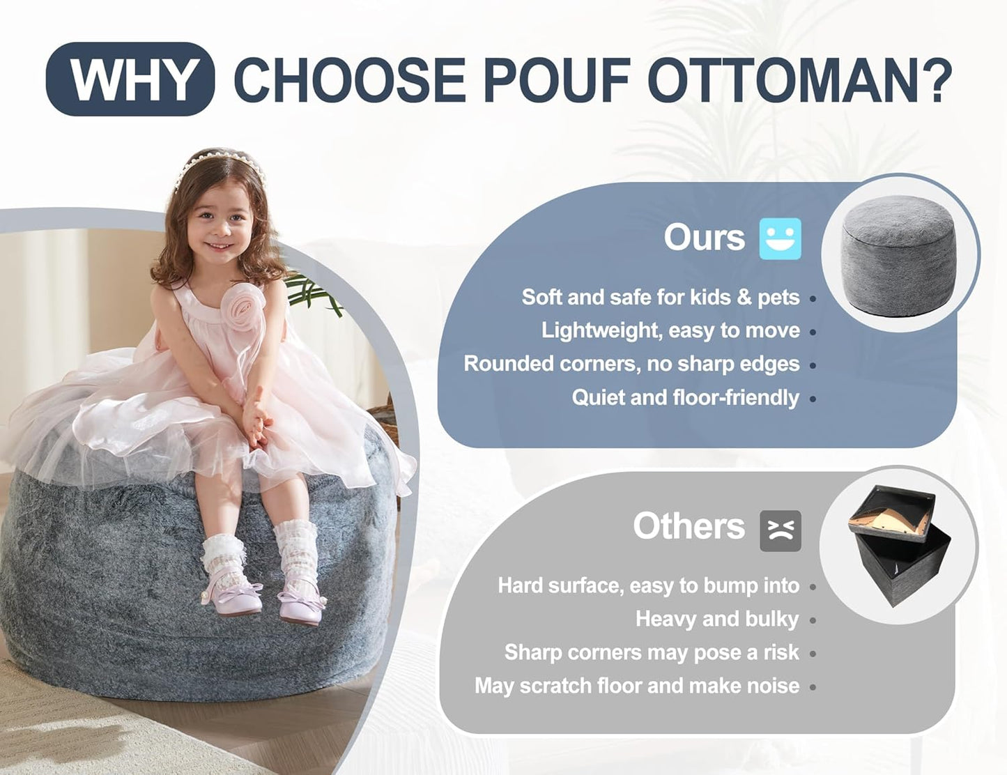 Round Pouf Ottoman Foot Rest Plush Ottoman Footstools for The Living Room Ottomans Stuffed Full of Foam Blocks 26 * 18" Large Foot Stool Dark Grey Footrests Hassocks and Ottomans Set
