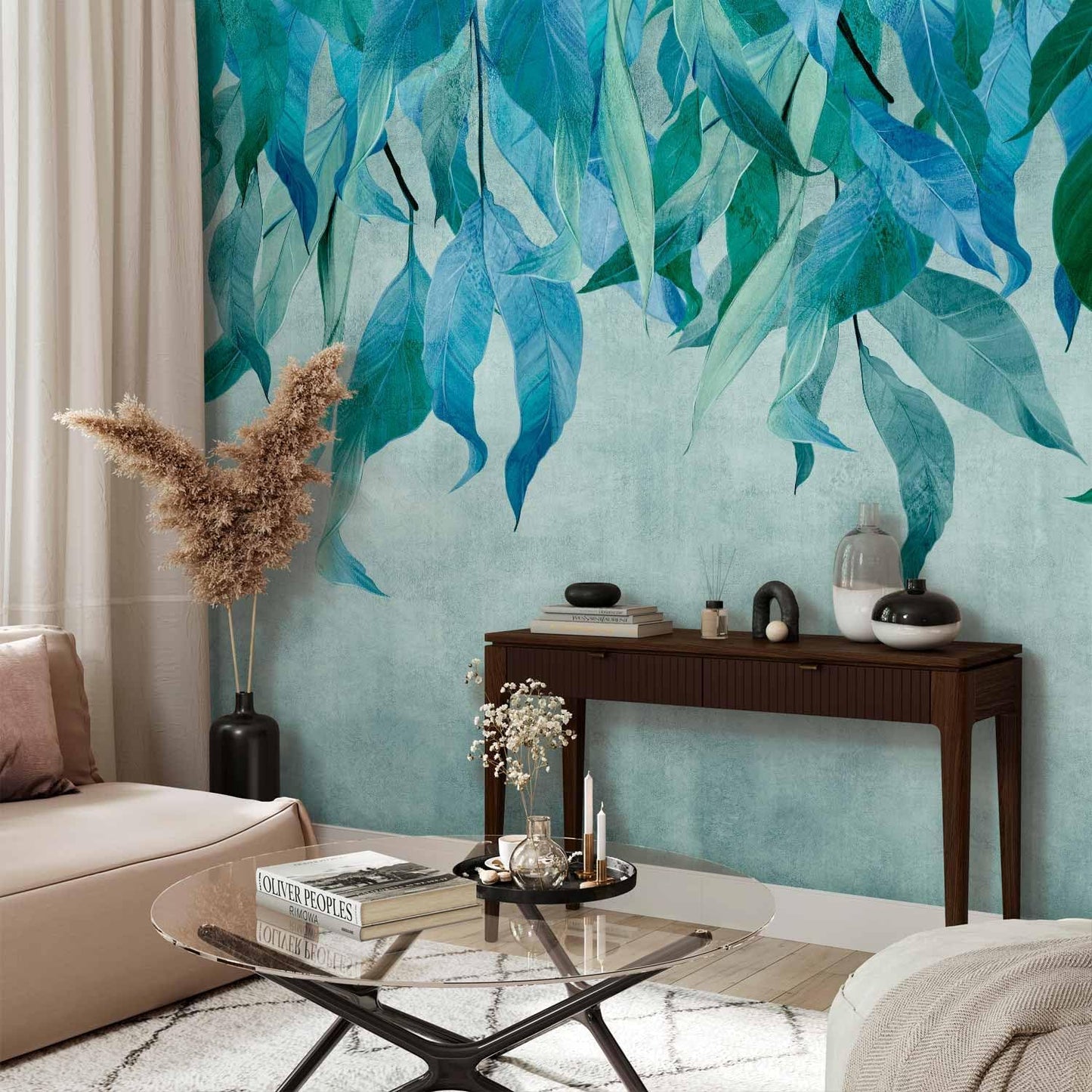 artgeist Premium Wall Mural Hanging Leaves 118x83 in - Non-Woven Wallpaper Fleece Wall Decor Photo Print Picture Image Design Nature Botanical Concrete Green Blue b-C-10146-a-b