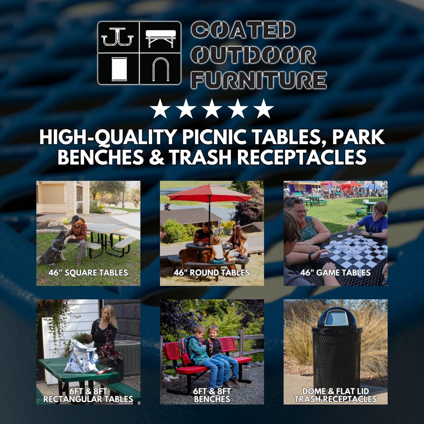 Heavy-Duty Portable Outdoor Picnic Table with Umbrella Hole, Punched Steel Patio Dining Furniture Made in America (46" Round Top, Textured Black)