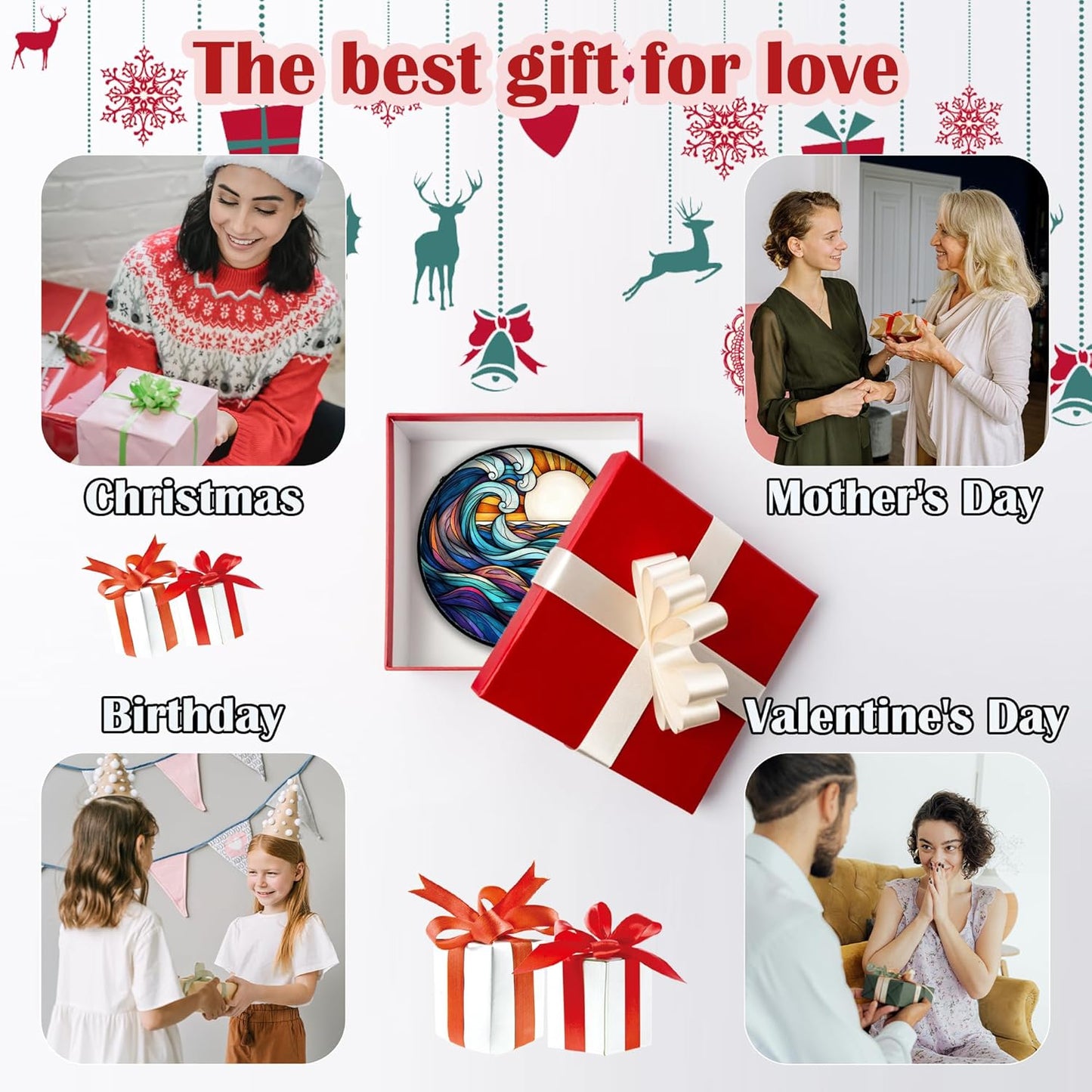 Stained Glass Window Hanging, Big Wave Sun Suncatcher Diamond Glass Panel Hangings Abstract Sun Catchers Decor for Birthday for Women, Men, Wife, Aunt, and Mom 9.8 in
