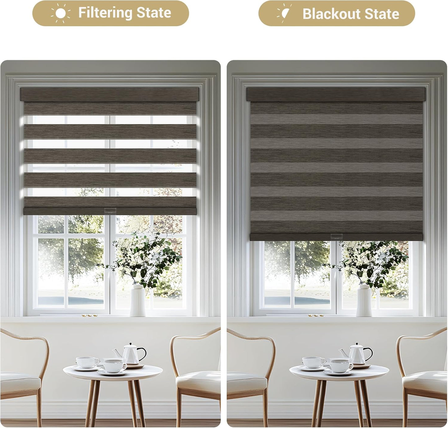 Cordless Zebra Blinds for Windows, Blackout Interior Blinds,Easy to Install,UV Protection,for Offices and Home,Custom Roller Shades, Mousse Dark Bown,18" W x 48" H
