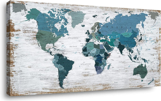 Teal Decor World Map Canvas Wall Art Pictures for Living Room Wall Decoration Blue Wall Decor Office World Map Wall Art Picture Framed Artwork for Home Bedroom Decoration 29"x58"