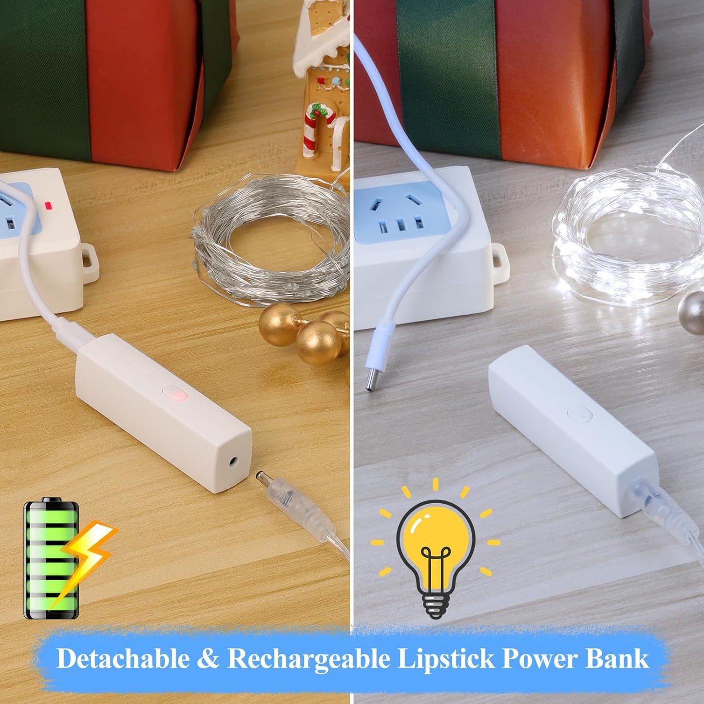 66FT(33 * 2) Rechargeable String Lights Battery Operated, Fairy Lights with Timer, Mini LED Twinkle Lights for Bedroom, Christmas Decorations, Wedding, Vine, Centerpiece Table Decor Cool White