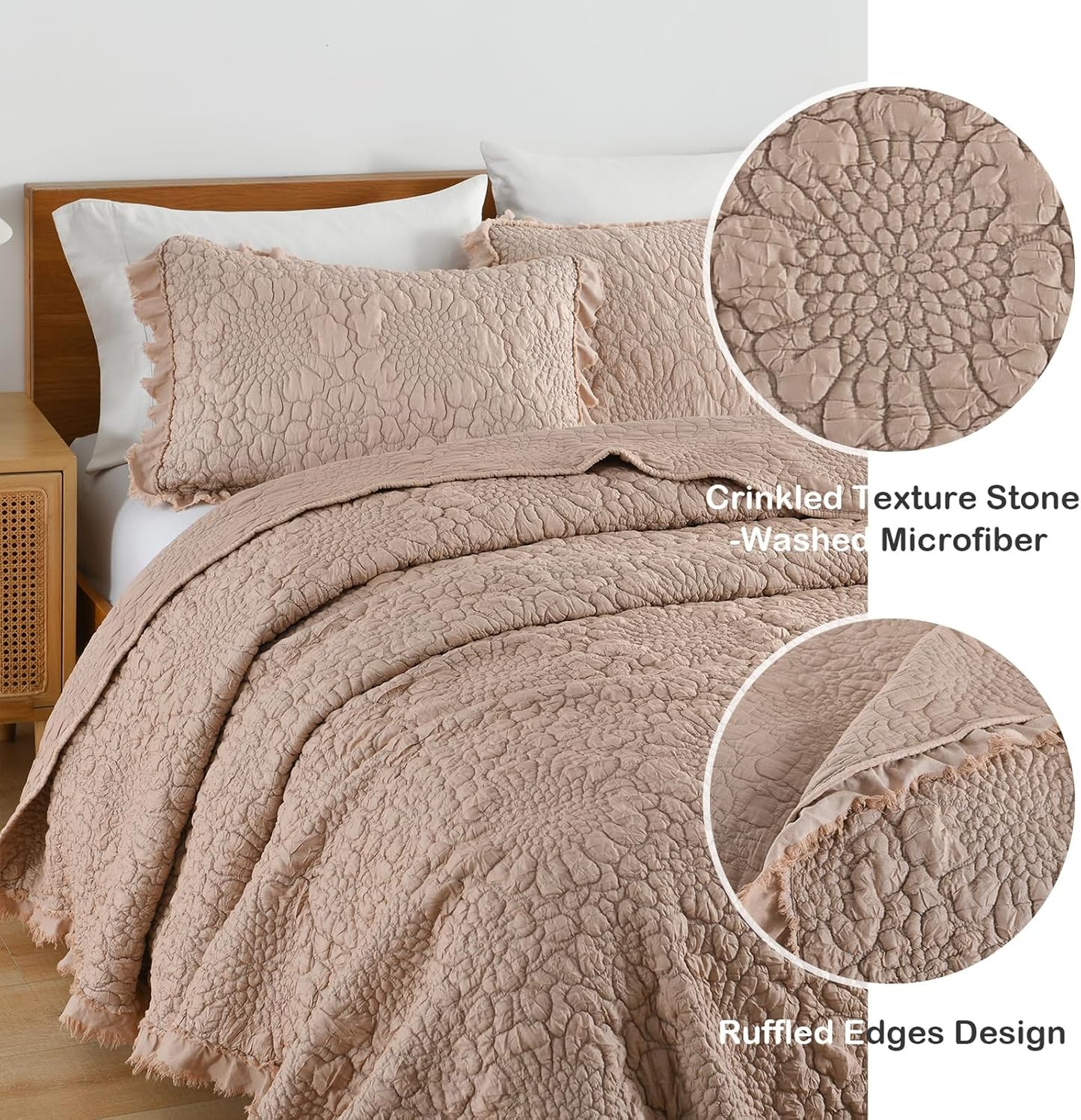 HORIMOTE HOME Pinkish Grey Ruffled Quilt King Size, Stone-Washed Lightweight Crinkled Farmhouse Rustic Shabby Chic Bedding Set, 3 Pieces Reversible Bedspread with Pillow Shams for All Season