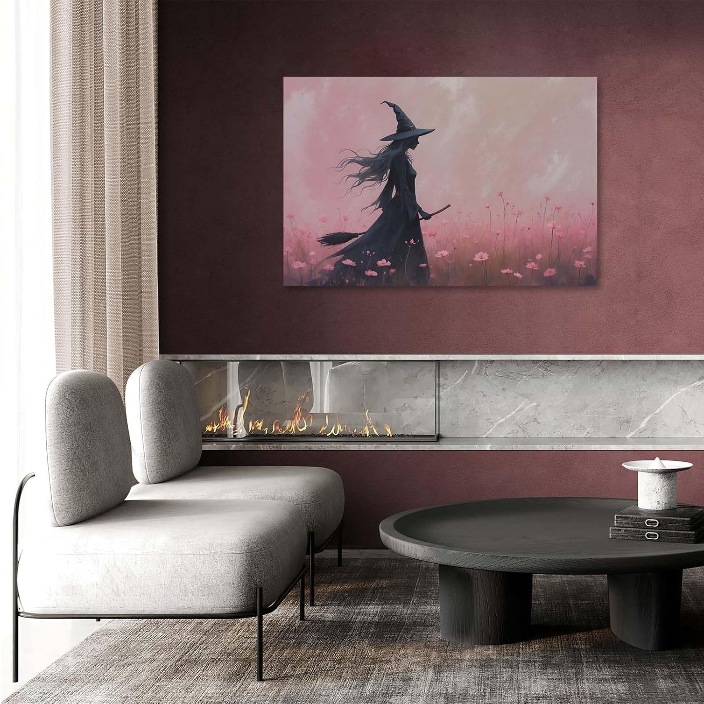 JFHCQJPK Witch in the pink sea of flowers Halloween prints weird flowers wall art silhouette painting fashionable romantic decoration suitable for bedroom24x36in Frameless