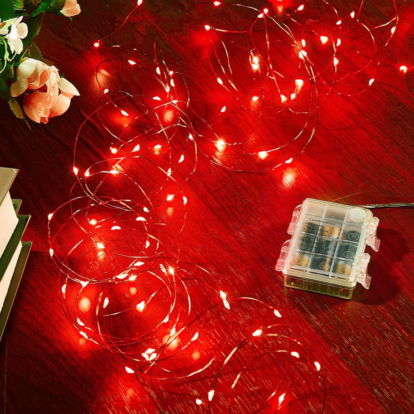 4 Pack 16.4 Ft. Battery Operated Outdoor String Lights with Remote & Timer, LED Red Fairy Lights, Waterproof Twinkle Lights for Bedroom, Dorm, Mason Jar, Wedding, Party, Christmas