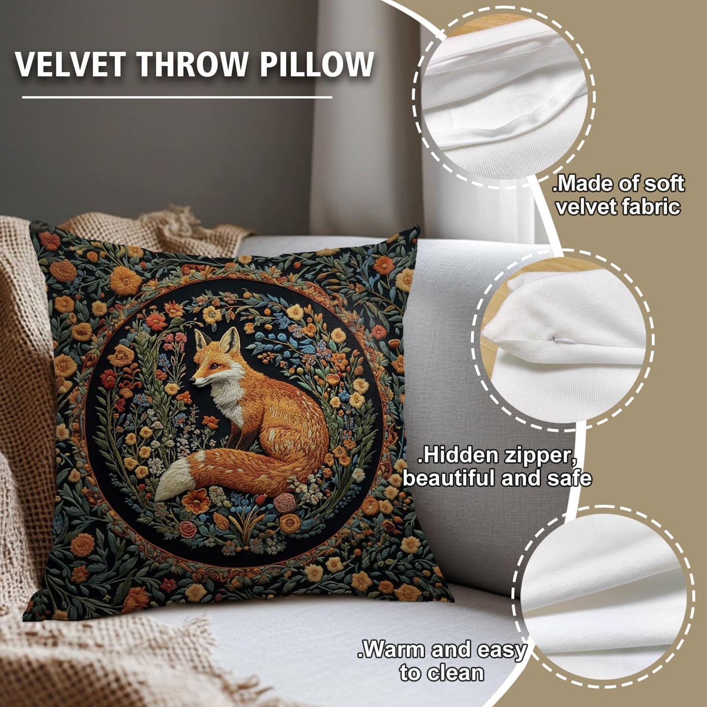 YOU FOUND ME William Morris Abstract Vintage Floral Velvet Fox Design Throw Pillow Covers Home Decor, Retro Art Deco Pillowcase Cushion Cover for Bed Sofa Living Room, Square 18x18inch (Fox)