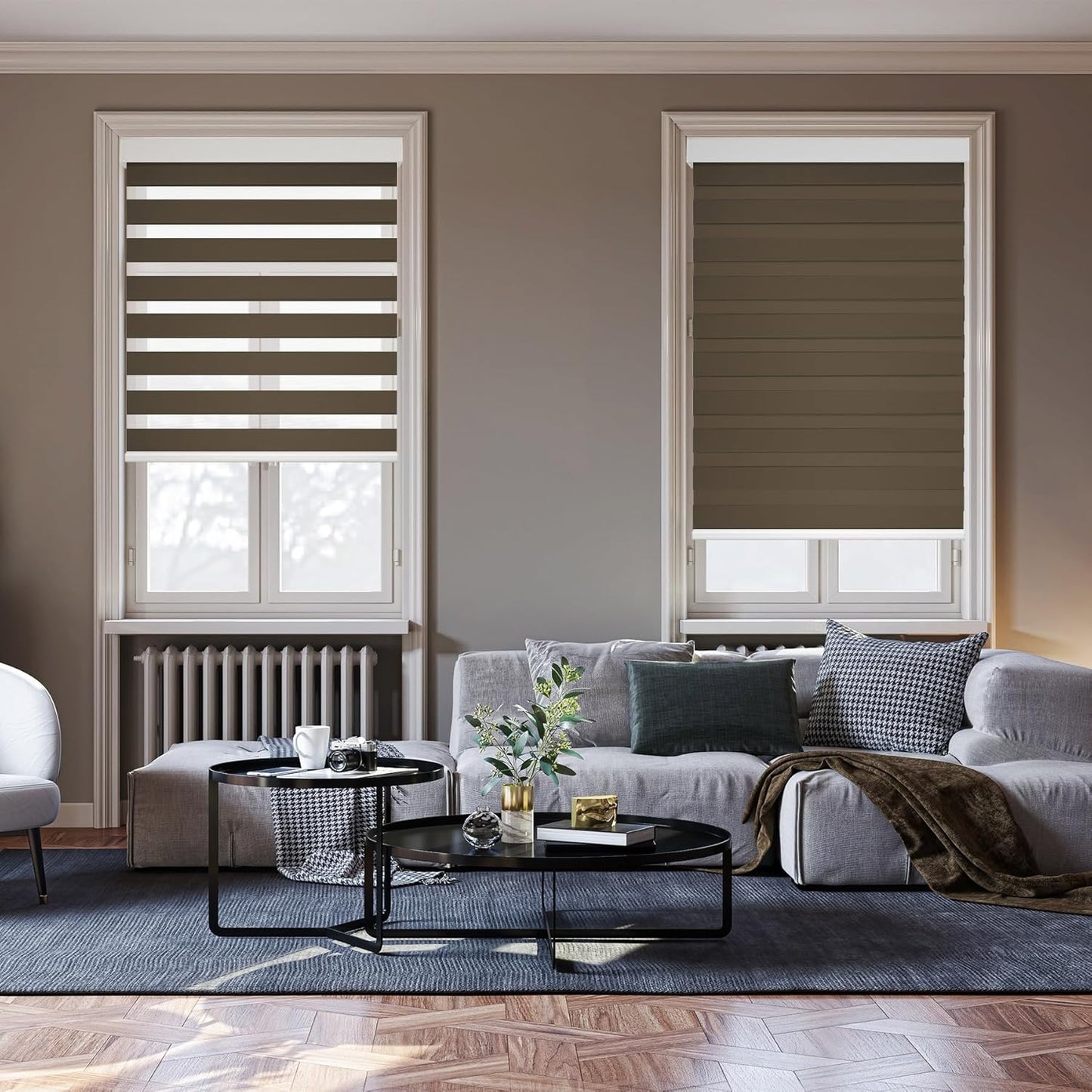 HESTIA Cordless Zebra Blinds Light Filtering Roller Shades UV Blocking Blackout Privacy Indoor Window Shades for Home Office Day and Night, Brown,50" W x 54" H
