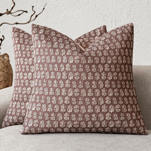 Foindtower Set of 2 Decorative Neutral Floral Print Throw Pillow Covers Vintage Accent Farmhouse Cushion Covers Boho Home Decor for Sofa Couch Chair Bedroom Living Room Outdoor,20×20 Inch,Wine Red