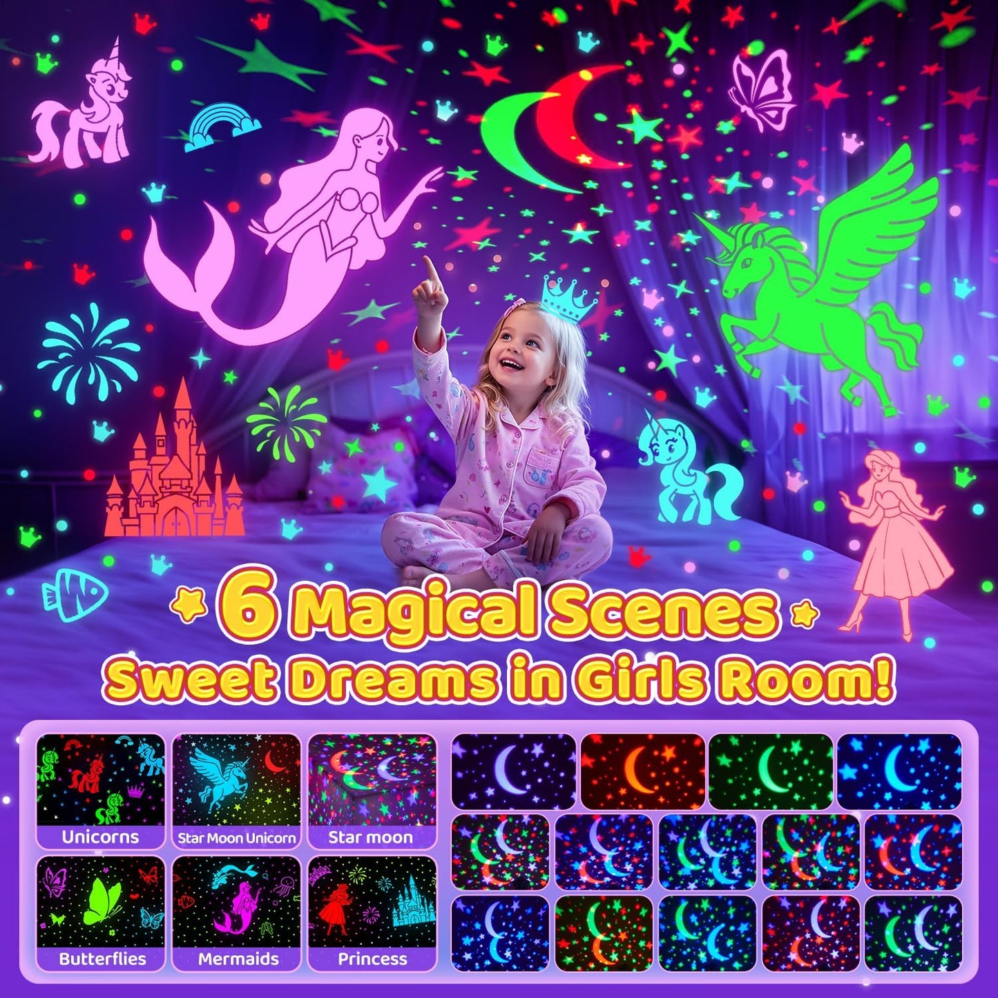 One Fire Unicorns Gifts for Girls Toys, 6 Films Unicorn Night Light Projector for Bedroom,Rechargeable Night Light for Girls Gifts,360° Rotating Butterfly Lamp,Unicorn Toys Mermaid Toys Princess Gifts