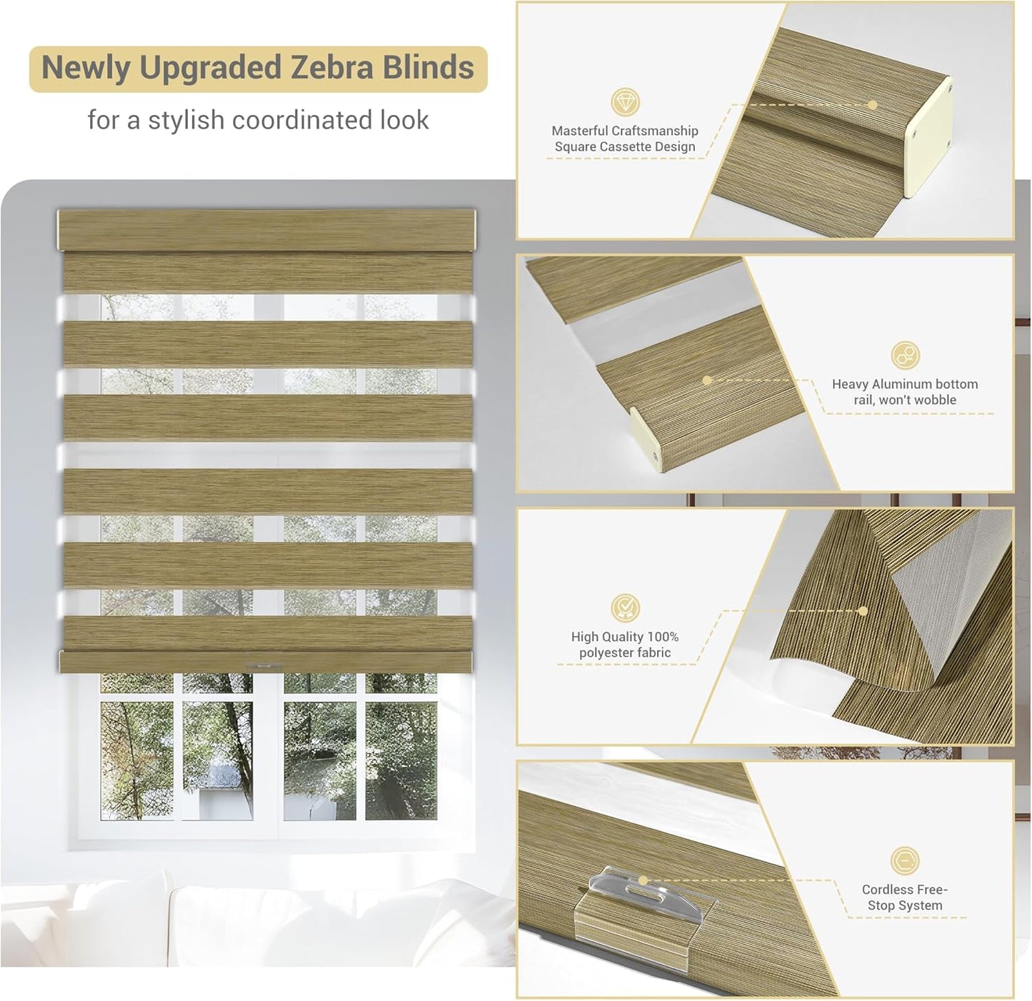 Cordless Zebra Blinds for Windows, Blackout Interior Blinds,Easy to Install,UV Protection,for Offices and Home,Custom Roller Shades, Mousse Light Bown,68" W x 64" H