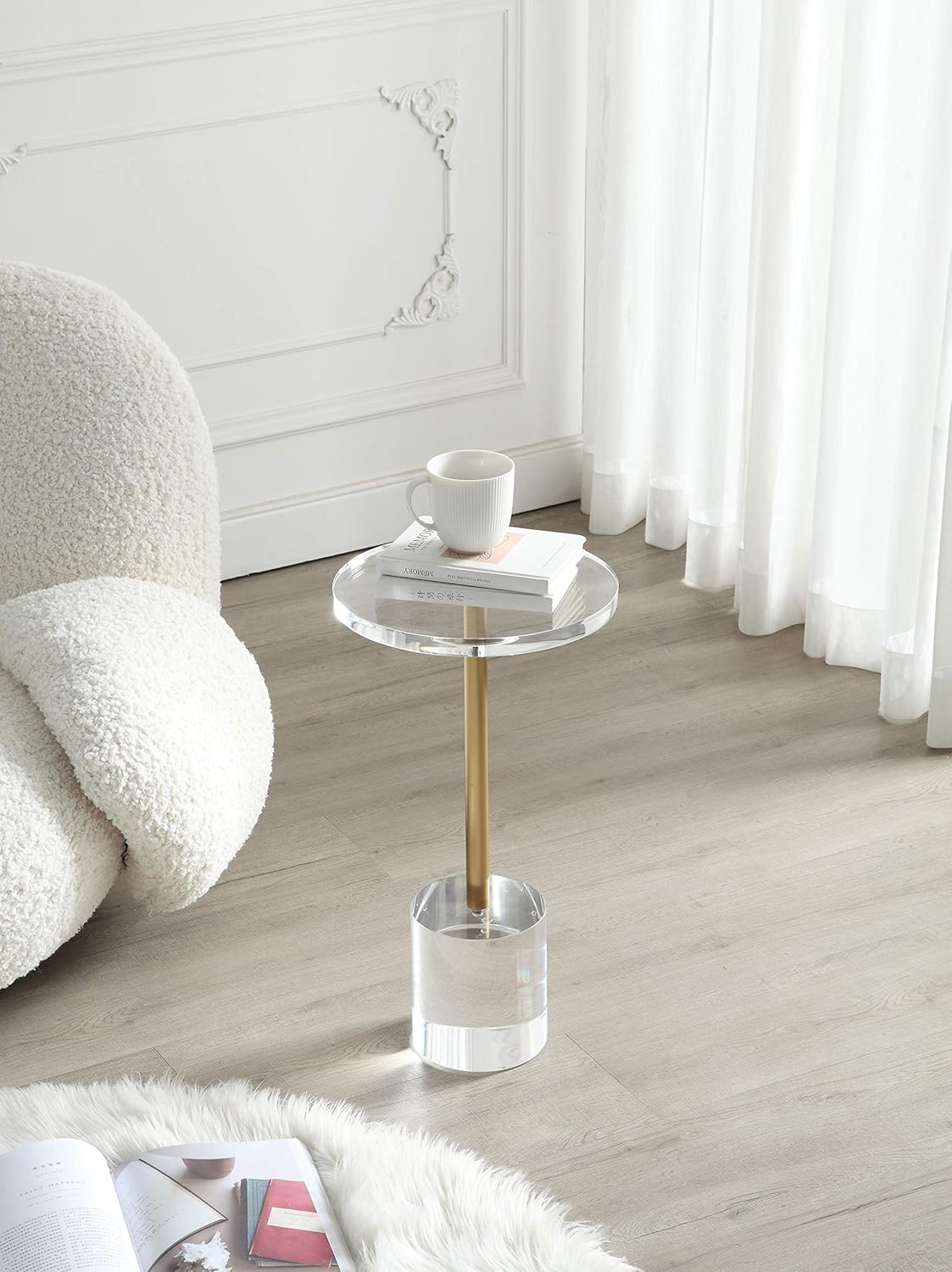 Clear Acrylic End Table,Side Table,Brushed Brass Metal,Round,for Office, Living Room and Bedroom,Easy Assembly,12x12 inch，21.3 inch high