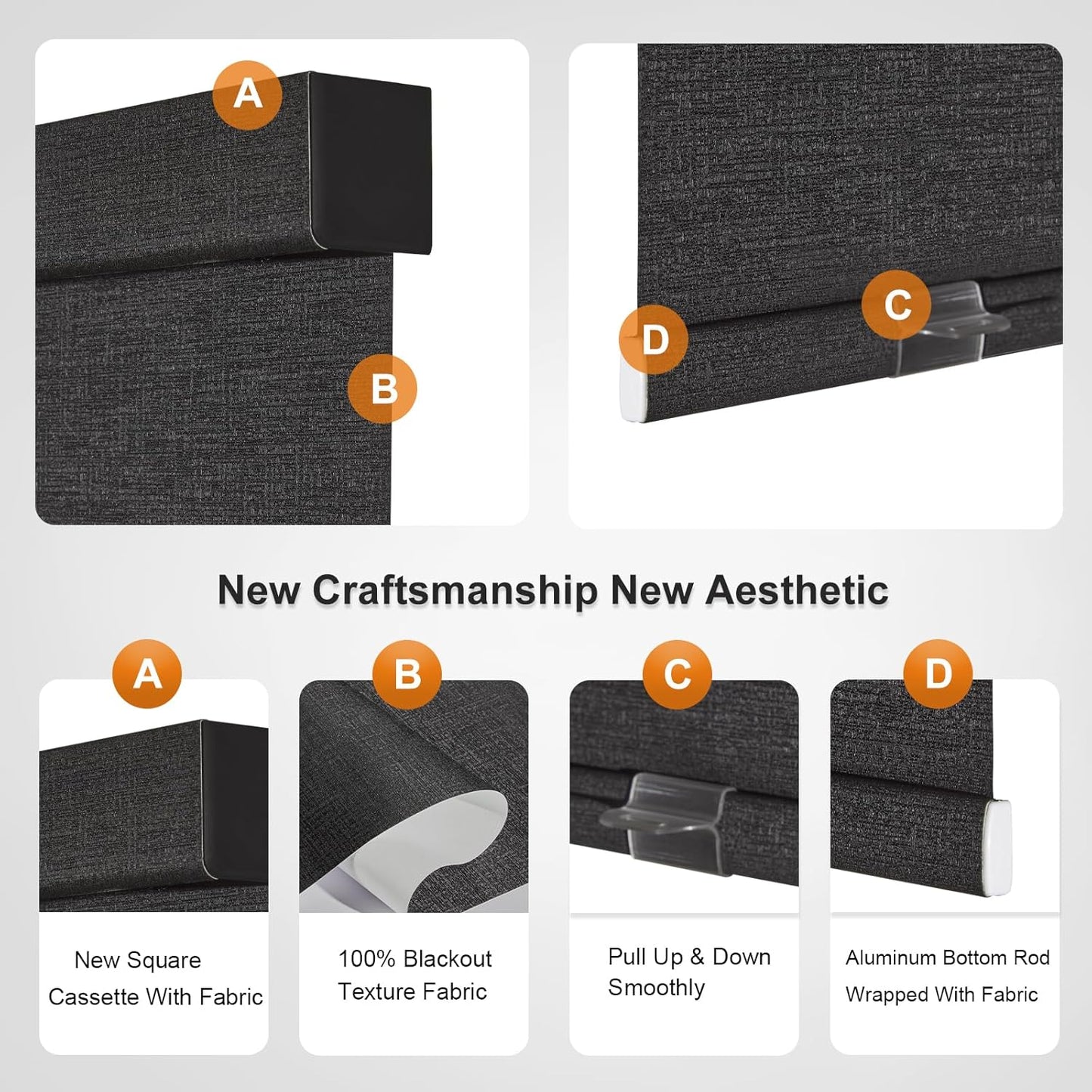Persilux Free-Stop Cordless Blinds for Indoor Windows with Cover, Window Shades Blackout Roller Blinds, Thermal Insulated Fabric UV Protection for Kitchen, Office, Living Room, Black(32.5" W x 72" H)