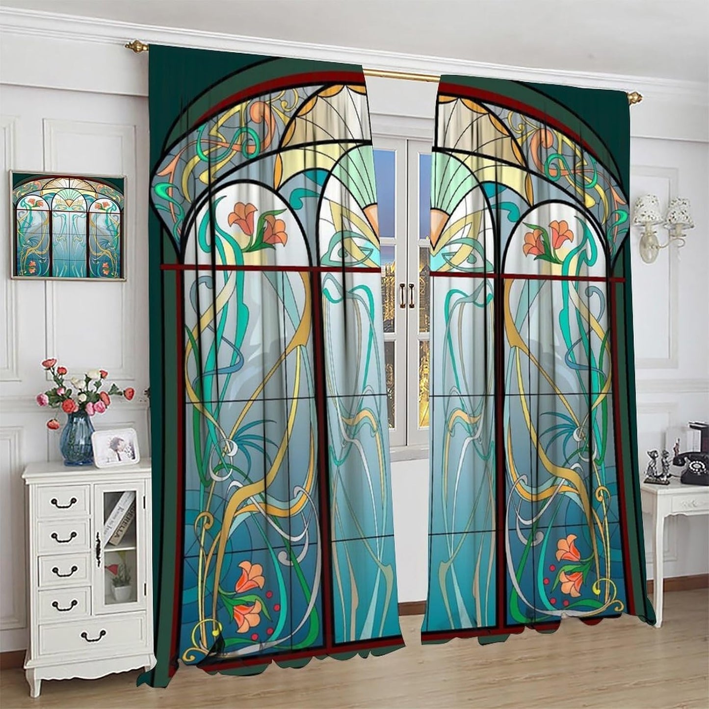 Stained Glass Curtains, Retro Mid Century Boho Abstract Art Home Decor Drapes for Bedroom Living Room Kitchen Window Treatment 2 Panels Set Total Size 63" W X 63" L Inch