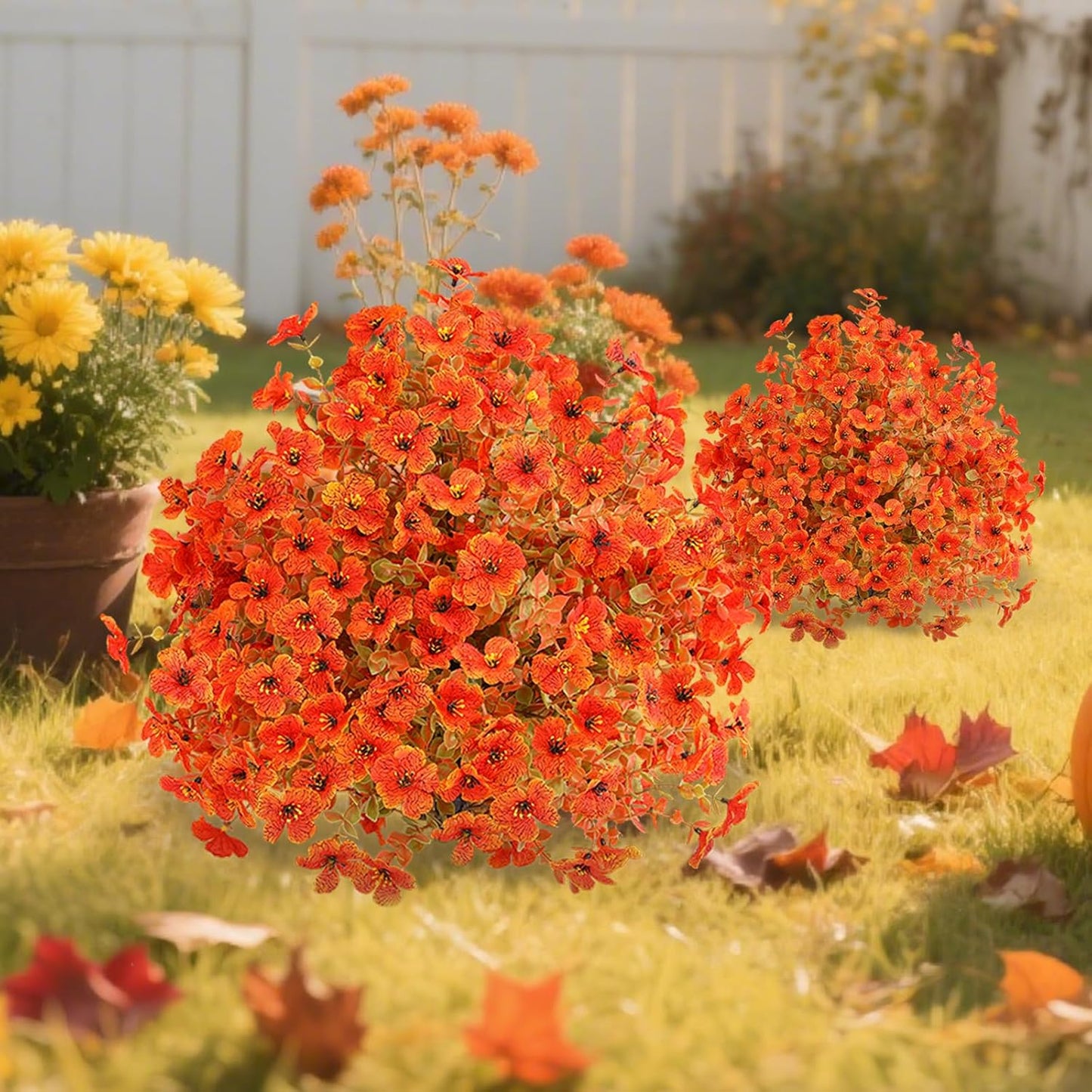 Set of 4 Artificial Fall Topiary Ball Flowers for Outdoor Decoration with Spike 20", UV Resistant Fake Autumn Floral Shrubs, Realistic Faux Bushes Plants for Garden,Yard,Porch and Patio Decor