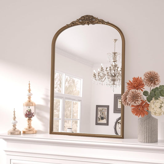 Keonjinn Vintage Gold Mirror 20" x 30", Arched Decorative Mirrors for Wall Decor, Antique Mirror Bathroom, Ornate Baroque Brass Mirror for Mantle, Entryway, Living Room, French Cleat Mounting