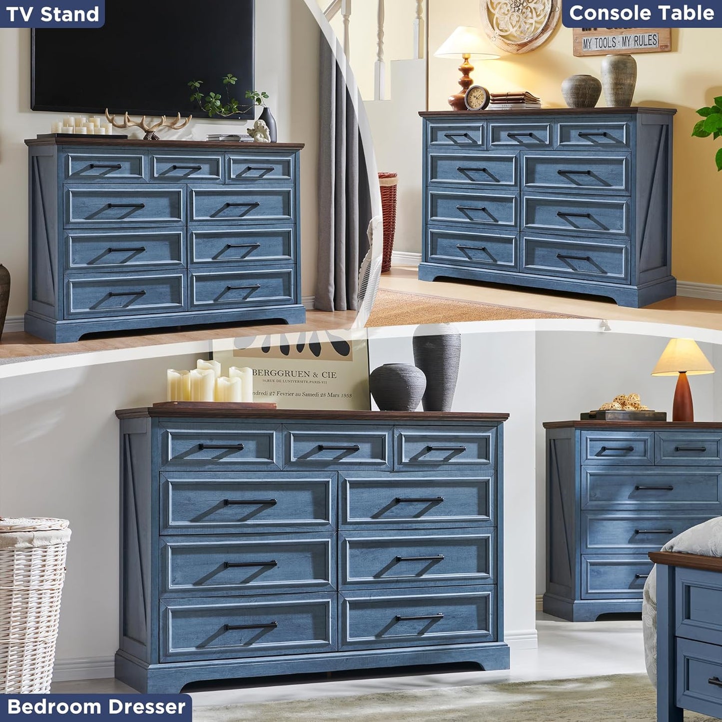 Farmhouse 9 Drawer Dresser for Bedroom, 36 Inch Tall Modern Dresser TV Stand with Large Drawers & Bar Handles, Rustic Wood Chest of Drawers for Bedroom, Living Room, Hallway, Blue