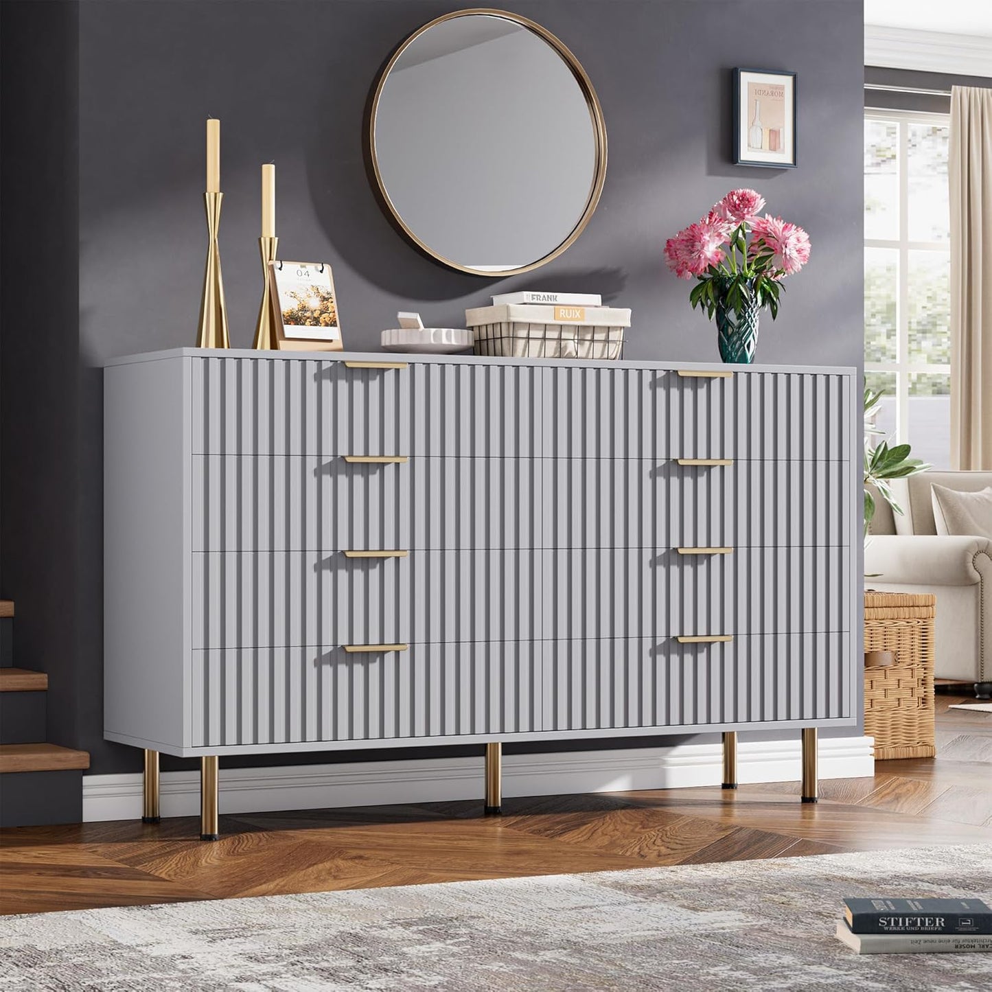 8 Drawer Dresser for Bedroom, Fluted 55" Wide Modern Chest of Drawers with Deep Drawers, Long Large Double Dresser TV Stand, Wooden Dresser Organizer for Living Room, Hallway, Kids Room, Grey