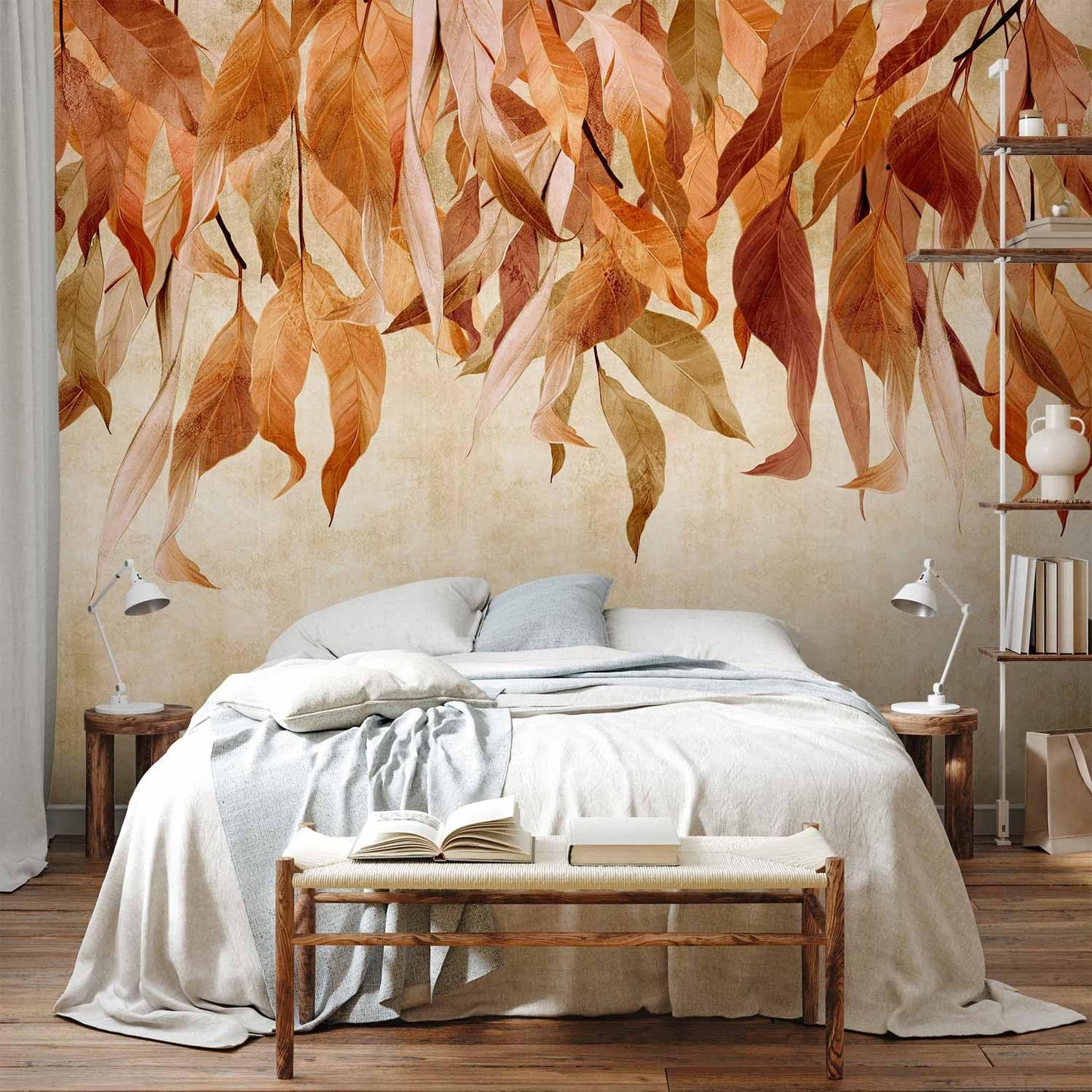 artgeist Wall Mural Hanging Leaves 138x101 in - Non-Woven Wallpaper Fleece Wall Decor Photo Print Picture Image Design Nature Botanical Concrete Orange Beige b-C-10146-a-c