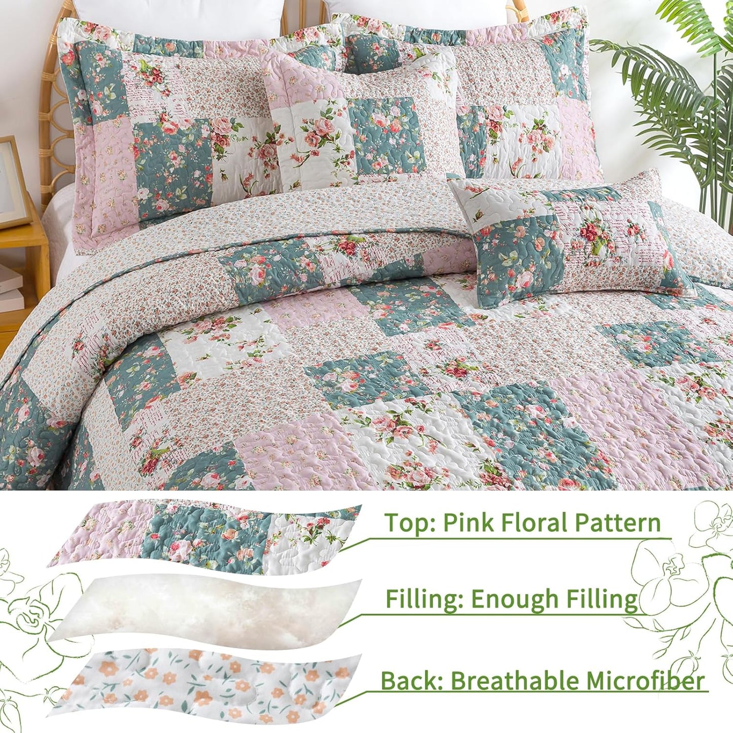 VAPUTAR Queen Size Quilt Set - Reversible Floral Queen Size Bedspreads with Wavy Edges - Lightweight Farmhouse Queen Quilt Bedding Sets for Bed Decorations, 3 Pieces