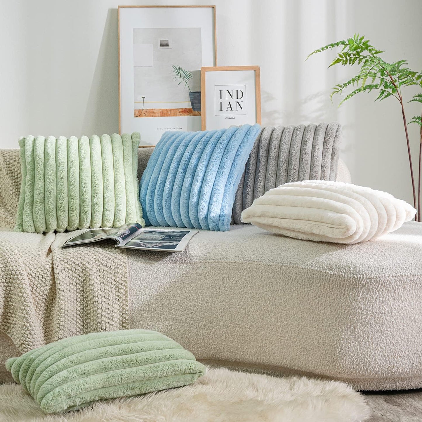 DEELAND Pack of 2,Double-Sided Faux Fur Plush Decorative Throw Pillow Covers Fuzzy Striped Soft Pillowcase Cushion Covers for Sofa Couch Bedroom Lightgrey 18x18 inch