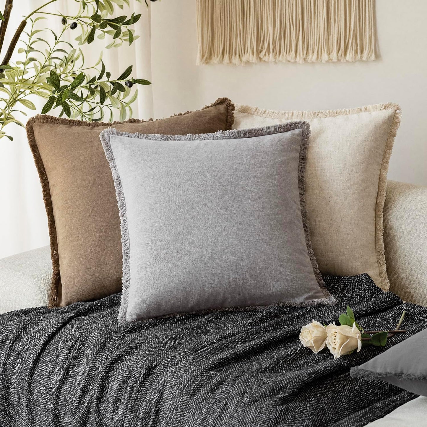 Foindtower Set of 2 Decorative Linen Fringe Throw Pillow Covers Cozy Farmhouse Cushion Cover with Tassels Accent Pillowcase for Couch Chair Sofa Bed Living Room Home Decor,24×24 Inch,Light Rustic Gray