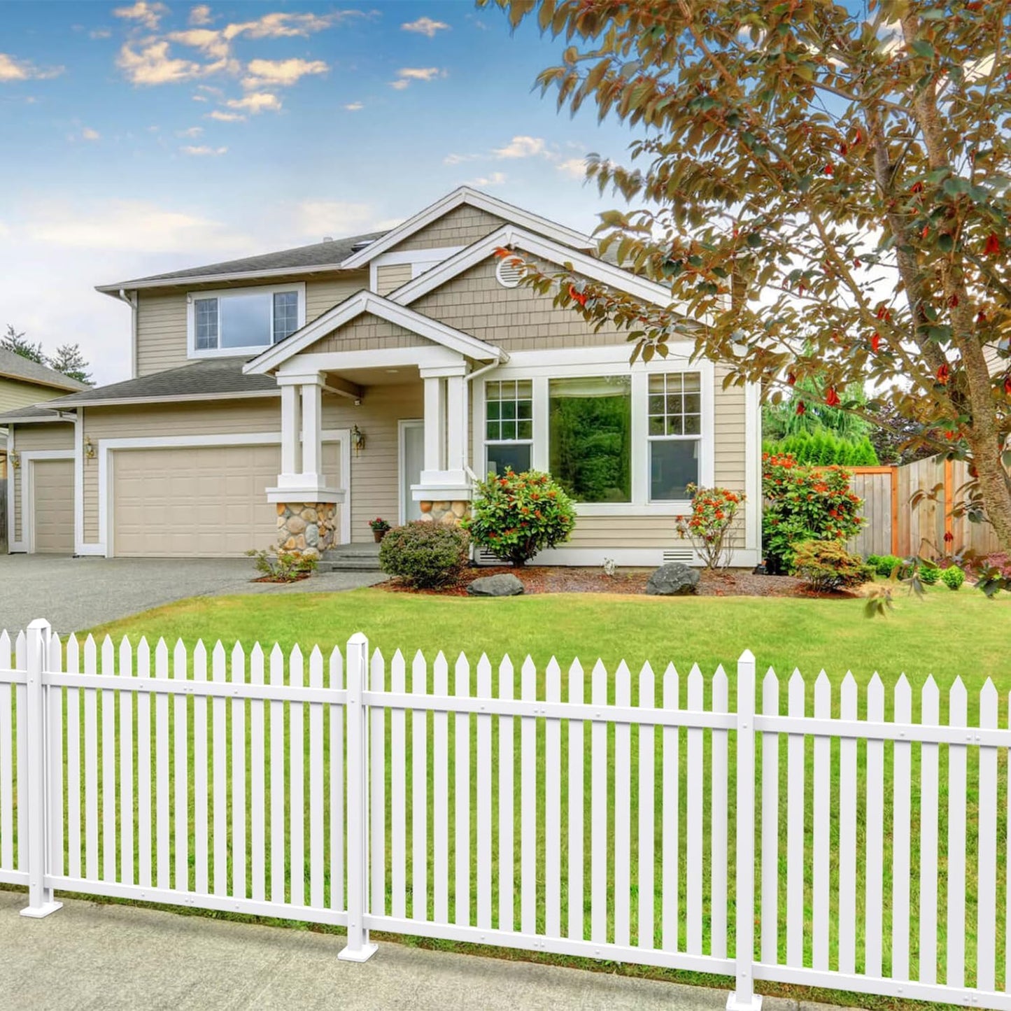 Patio 3 Sets Vinyl Picket Fence Panels 30" H x 84" W White PVC Decorative Fence for Front Yard Porch Patio Deck Pool Air Conditioner Fence Safety Dog Fence (34 Pickets, Straight)