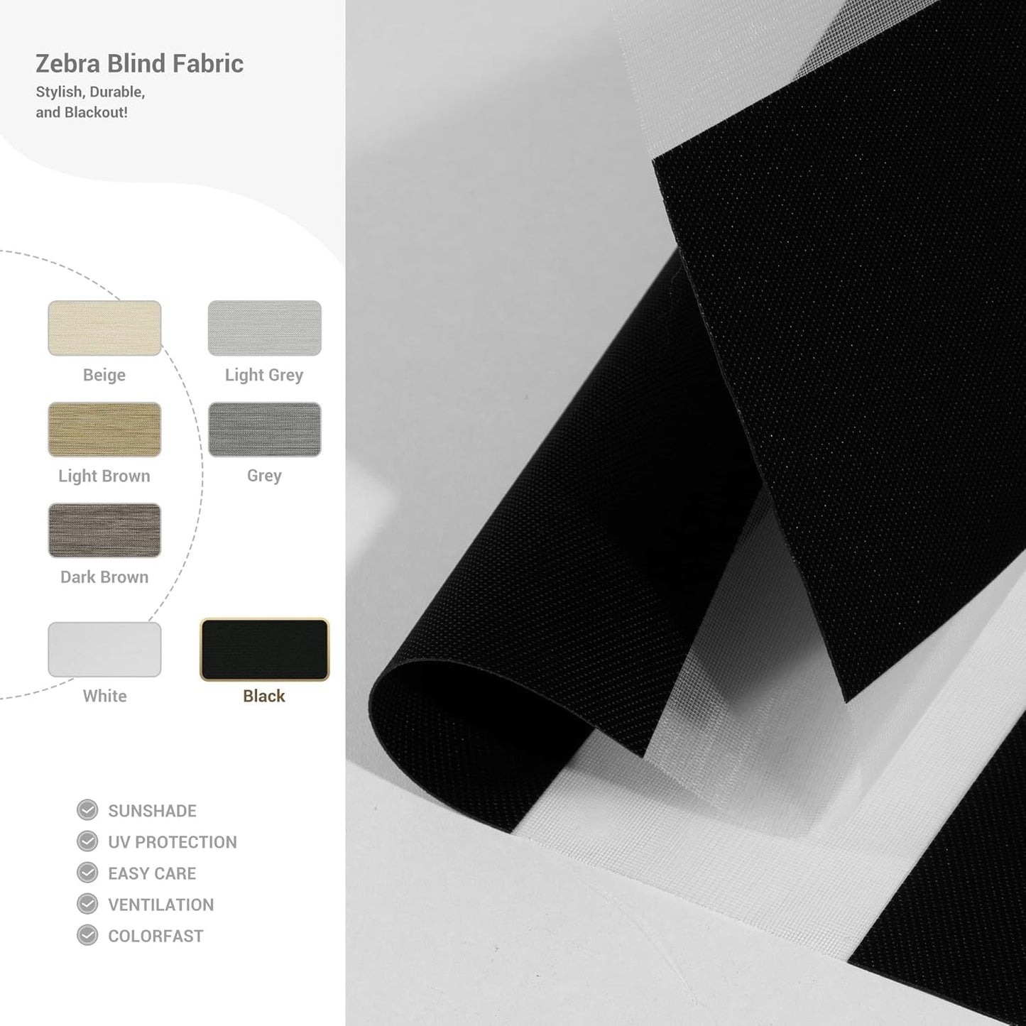 Cordless Zebra Blinds for Windows, Blackout Interior Blinds,Easy to Install,UV Protection,for Offices and Home,Custom Roller Shades, Solid Black, 34" W x 88" H