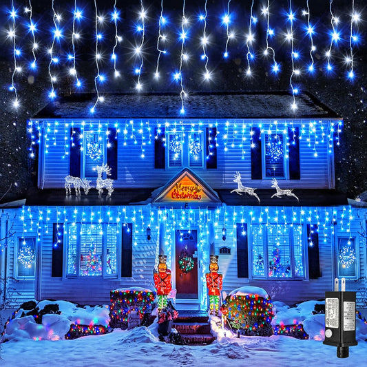 Icicle Christmas Lights Outdoor, 33ft 400 LED Blue and White Christmas Lights 8 Modes with 75 Drops, Waterproof Icicle Light Plug in for Indoor Outside Party Holiday Xmas Halloween Decorations