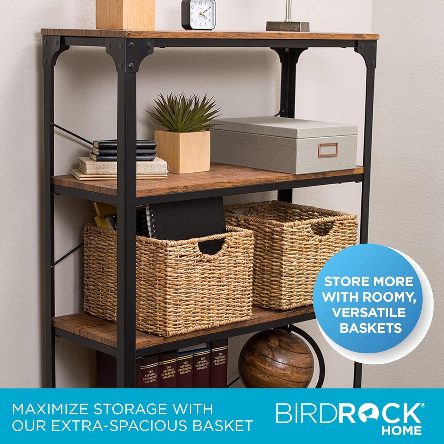 BIRDROCK HOME Storage Shelf Organizer Baskets with Handles - Handwoven Abaca Seagrass Wicker Basket for Pantry, Living Room, Office & Bathroom, Versatile Under Shelf Storage - Set of 3, Natural