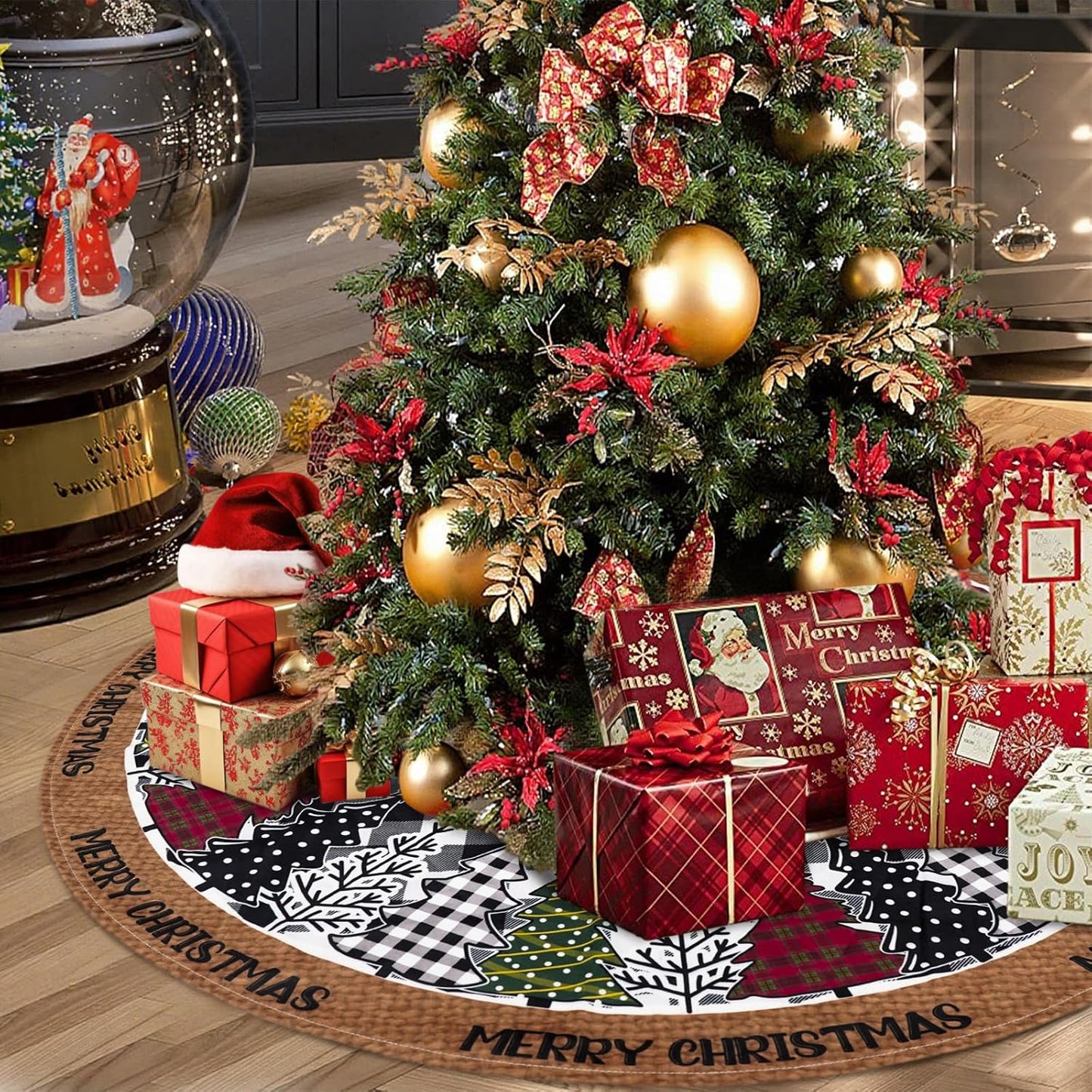 Christmas Tree Skirt 36 Inch, Black and White Buffalo Plaid Xmas Tree Skirts, Winter Christmas Trees Mat for Home Party Holiday Indoor Outdoor Decorations