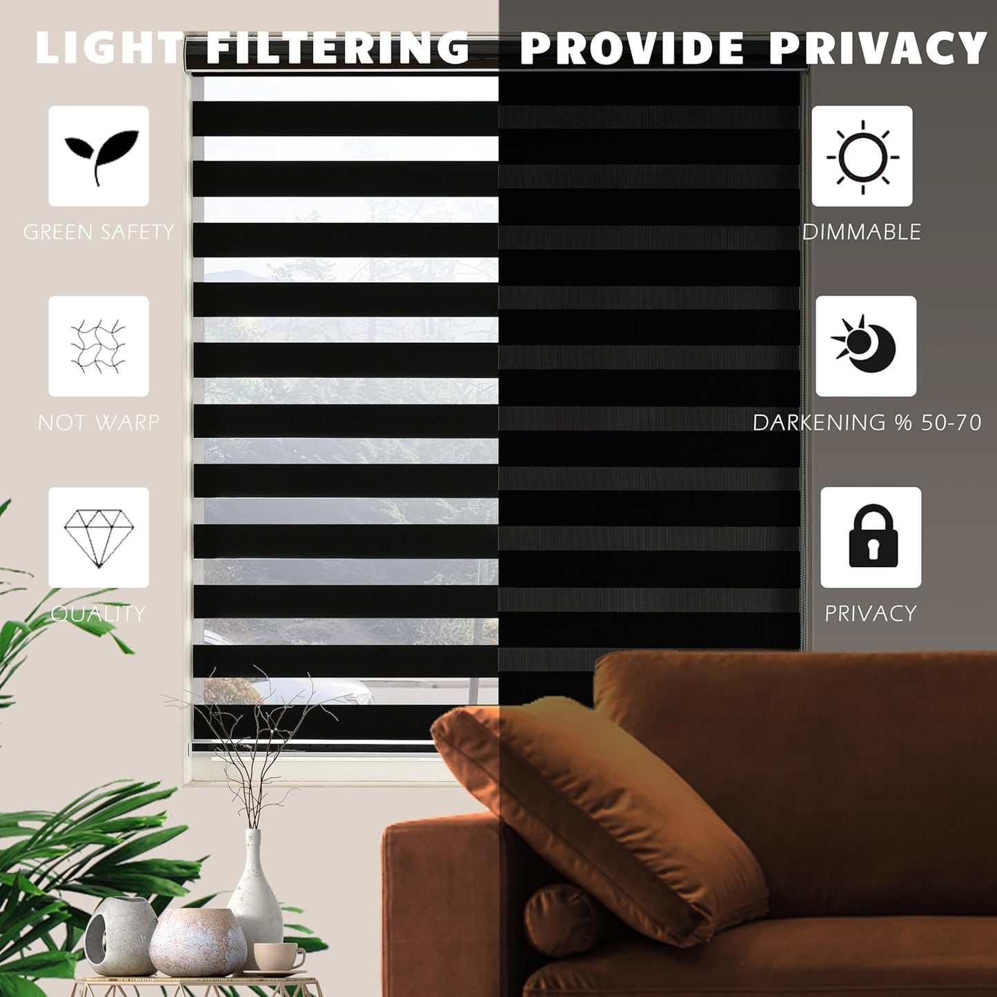 Blackout Zebra Blinds, Dual Layer Free-Stop, Room Darkening Zebra Shades, Blinds for Indoor Windows, Light Filtering Privacy Sheer Shade for Home(70" W X 72" H, Black)