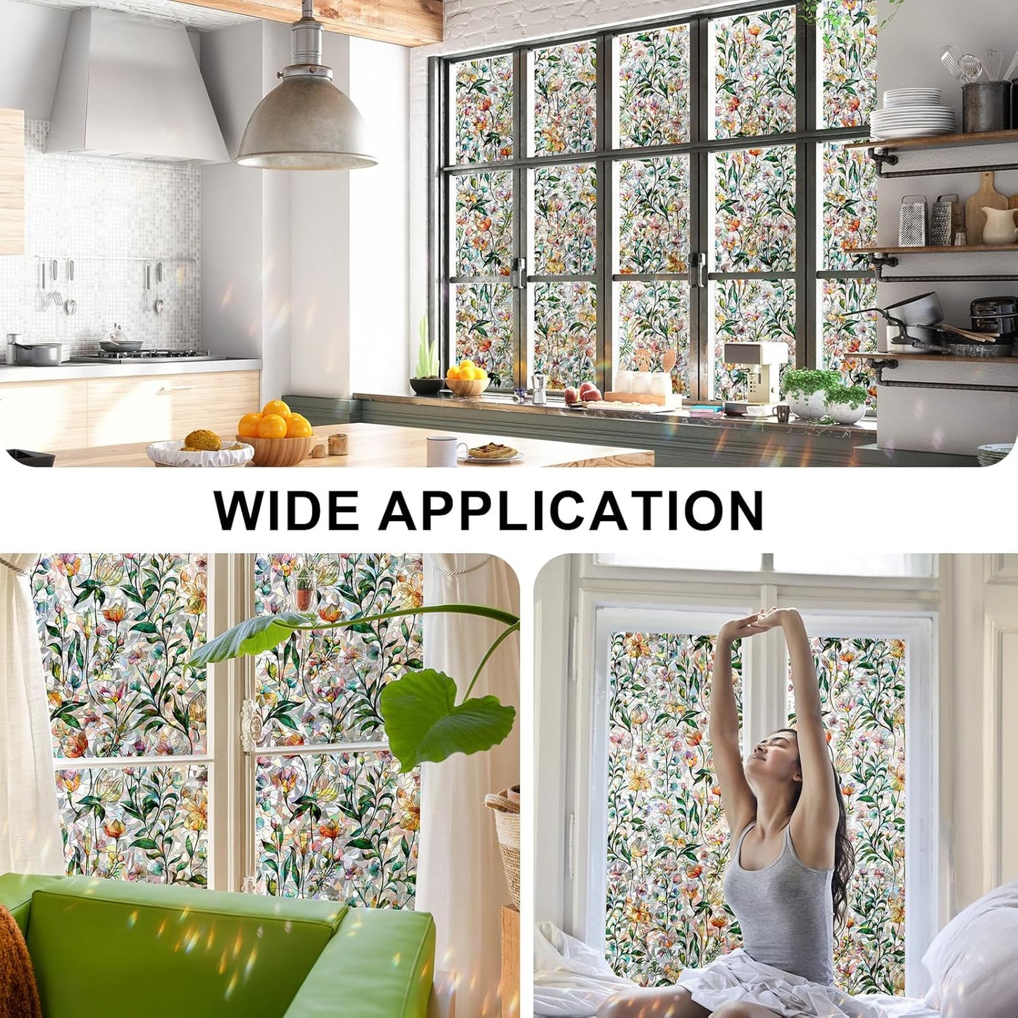 Rainbow Window Privacy Film 3D Floral Decorative Stained Glass Window Film Anti UV Non-Adhesive Reusable 17.5" x 157.4" for Home Room Car Glass Cling