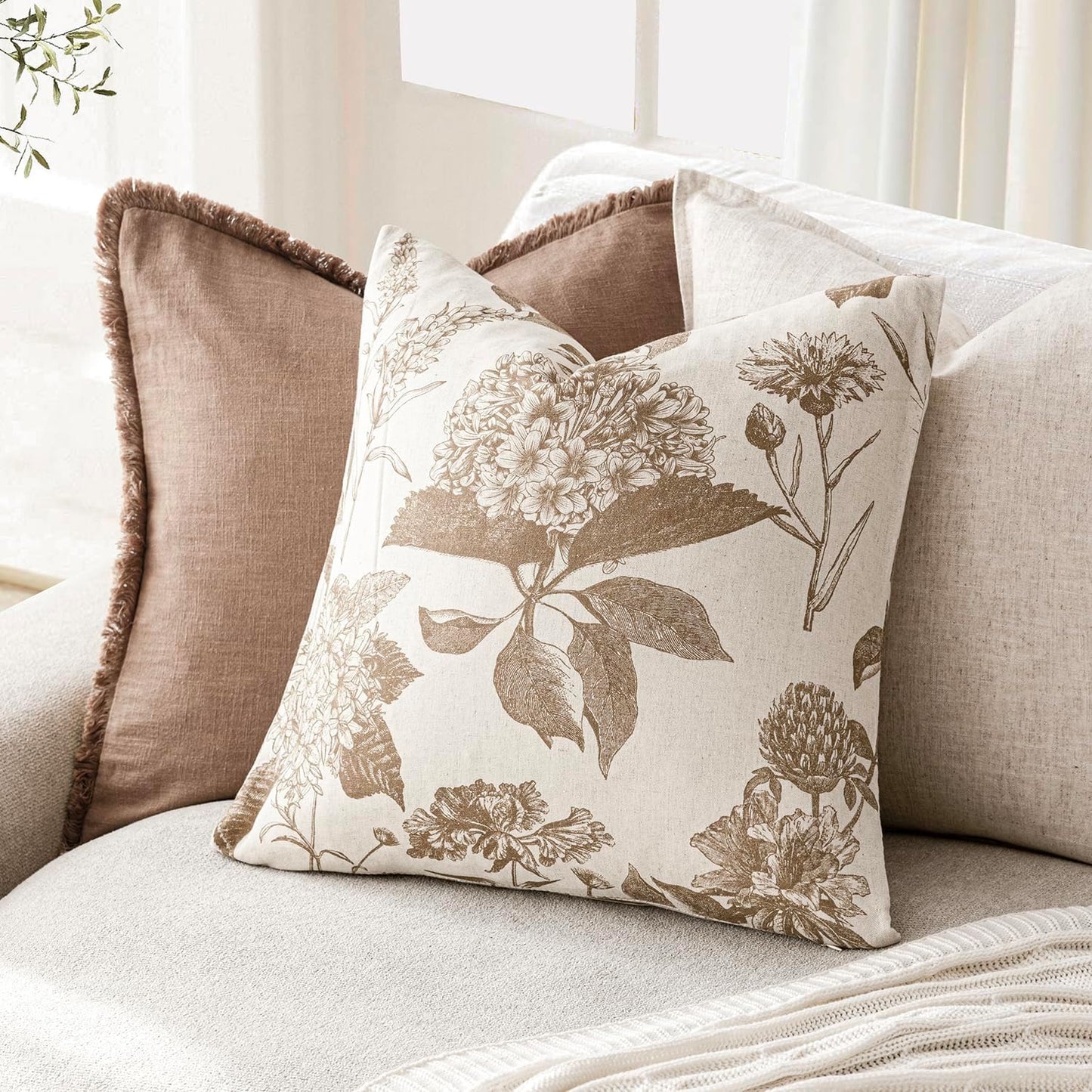 Foindtower Set of 2 Linen Floral Throw Pillow Covers Neutral Vintage Print Decorative Cushion Covers Farmhouse Boho Home Decor for Sofa Chair Couch Bedroom Living Room Outdoor,22×22 Inch,Light Brown