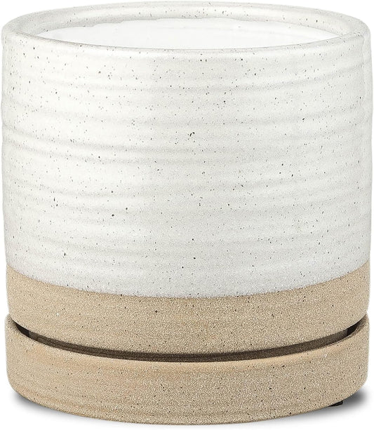 6 Inch Plant Pots, Ceramic Planter Pot with Drainage Hole & Saucer, Indoor/Outdoor Cylinder Round Planter Pot, White & Beige Glaze