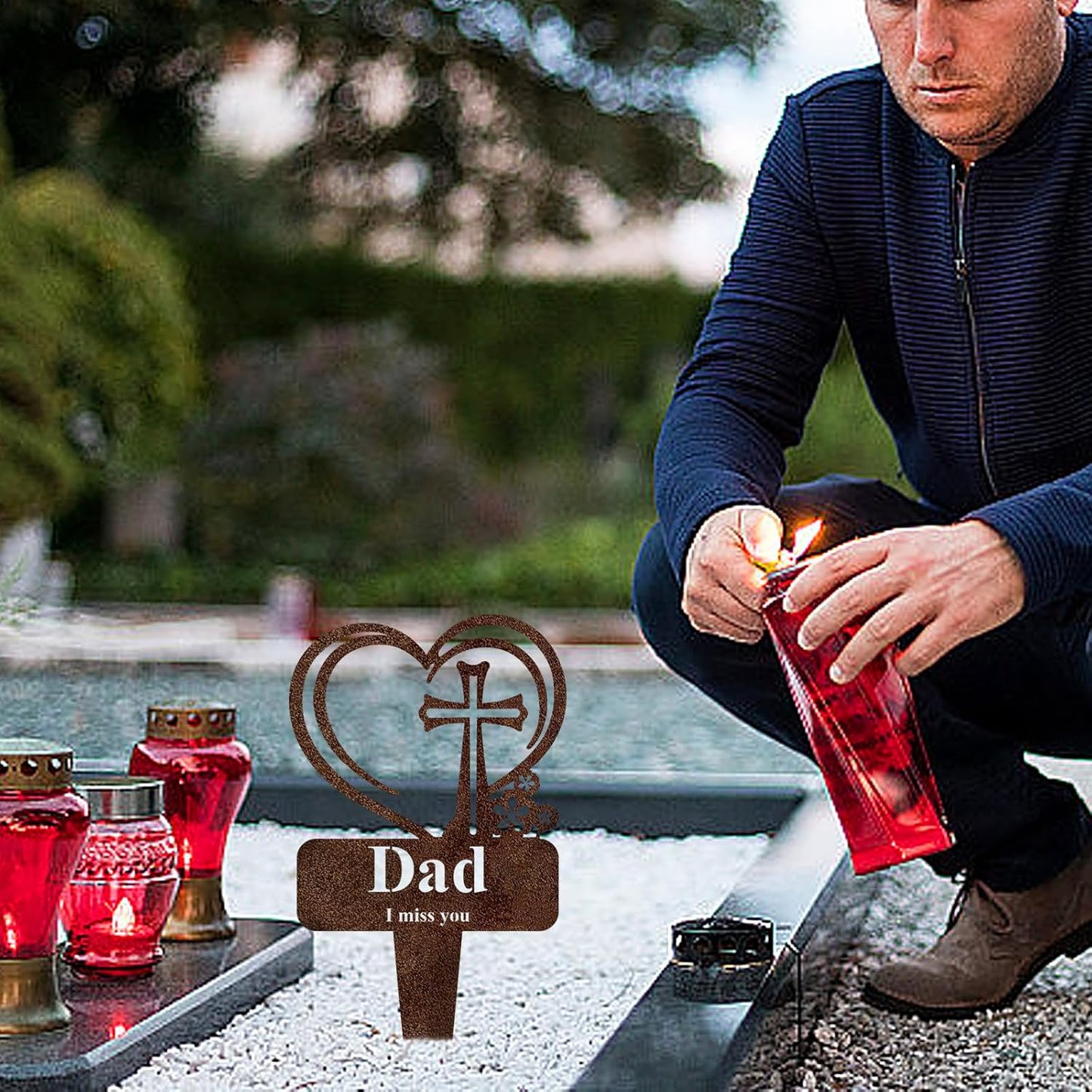 Dad Memorial Grave Stake, Cemetery Decorations for Grave Markers 12.5 x 7.2 inch Heart Metal Sympathy Stakes Graveside Plaque Decor Sign for Father Graves, Yard, Garden - Rust-Dad