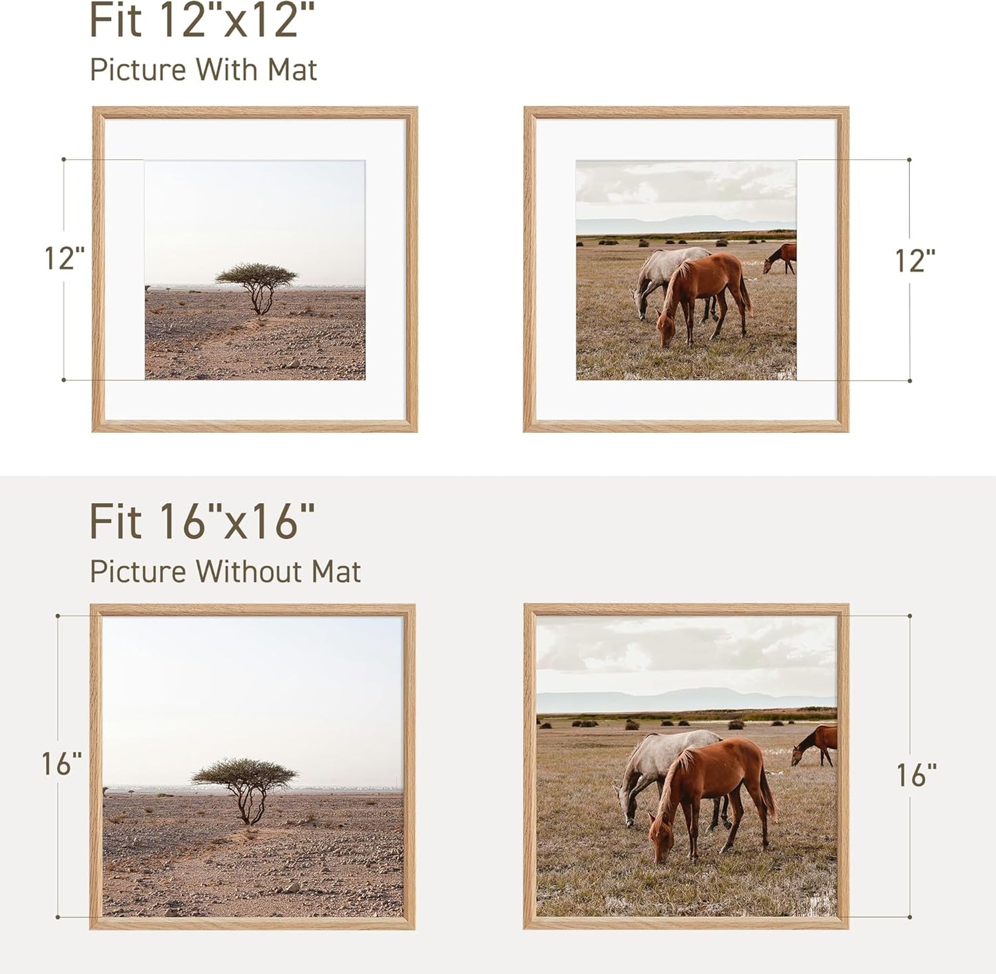 16x16 Picture Frame Natural Solid Oak Photo Frames with 12x12 Removable Mat Wall Hanging Large Handcrafted Frame with HD Plexiglass Wall and Tabletop Display Large Poster Frame