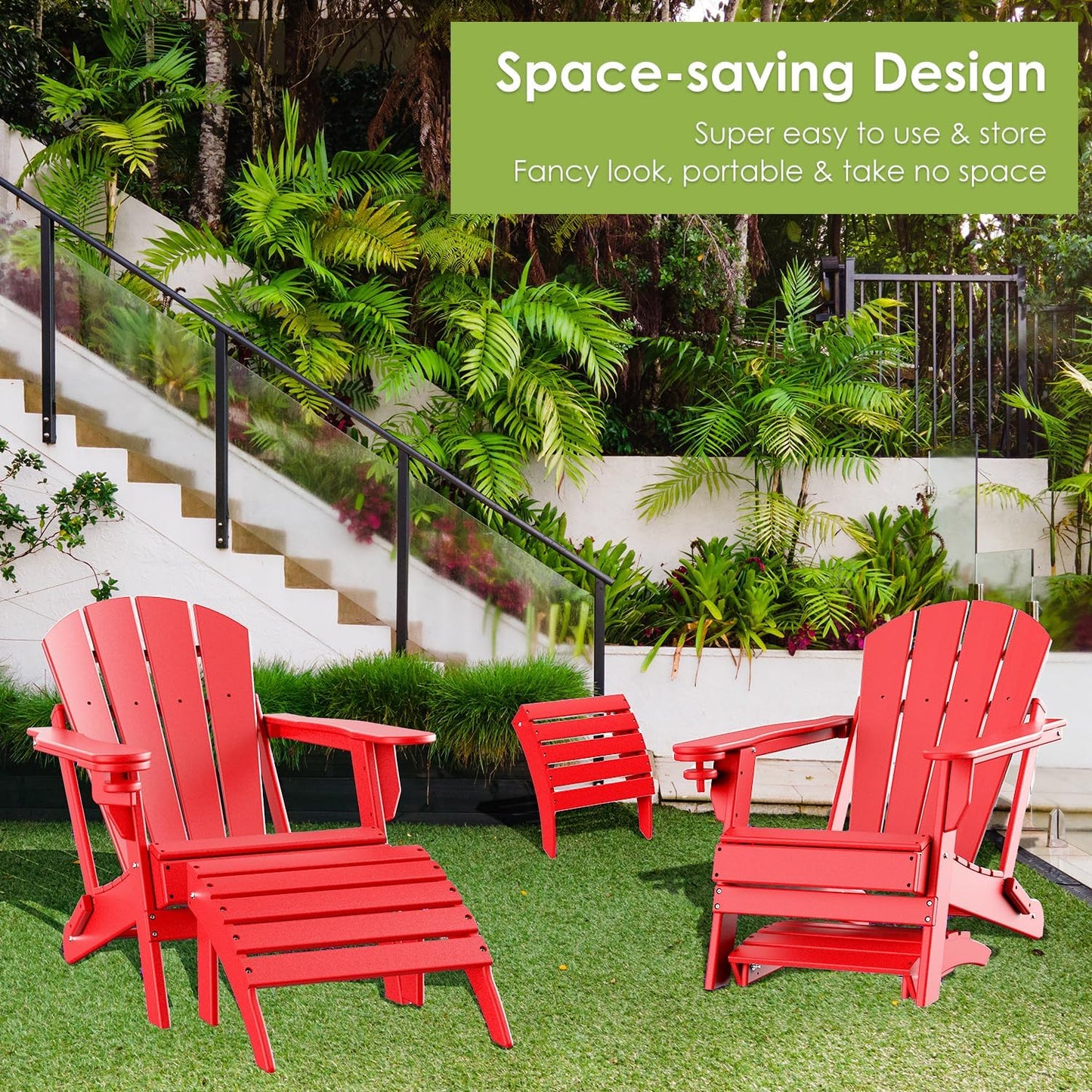 GREENVINES Adirondack-Ottoman | Set of 2 | HDPE Plastic | Outdoor Footrest | All Weather | Foot Rest | Foot Stool | Red | for Adirondack Chair | for Patio Backyard Pool