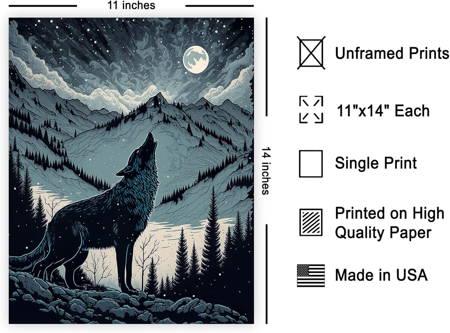Poster Master Howling Wolf Poster - Moon Print - Mountain Art - Wolf & Moon Art - Gift for Men, Women & Animal Lover - Landscape Decor for Bedroom, Living Room or Kid's Room - 11x14 UNFRAMED Wall Art