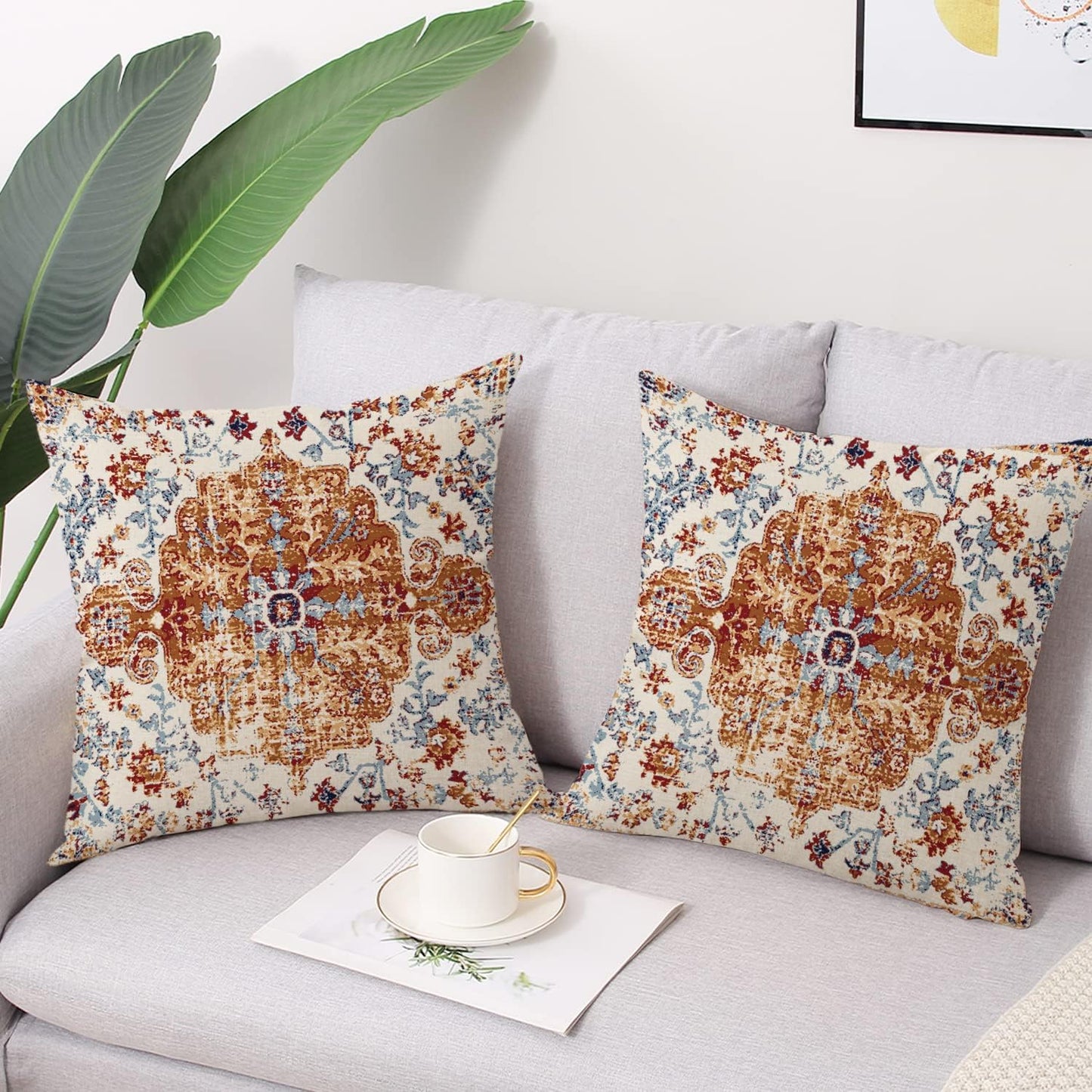 Waterproof Throw Pillow Covers 16X16 Inch Set of 2 Bohemian Vintage Carpet Pattern Brown Blue Ethnic Design Decorative Farmhouse for Couch Garden Balcony (Boho-3-1)