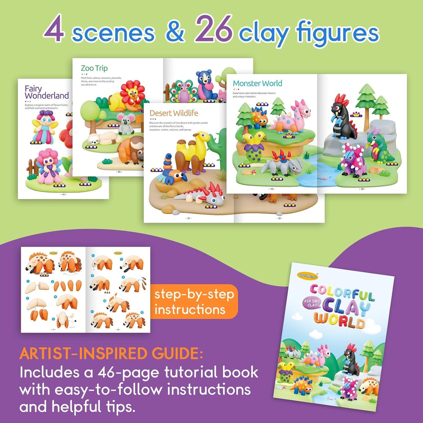 Drama Planet Air Dry Clay Kit for Kids - 18 Cans of Modeling Clay, 46-Page Guidebook with 26 Character Tutorials, Great Gift for Boys & Girls