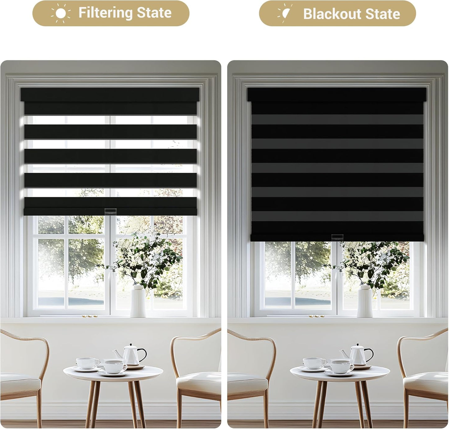 Cordless Zebra Blinds for Windows, Blackout Interior Blinds,Easy to Install,UV Protection,for Offices and Home,Custom Roller Shades, Solid Black, 15" W x 48" H