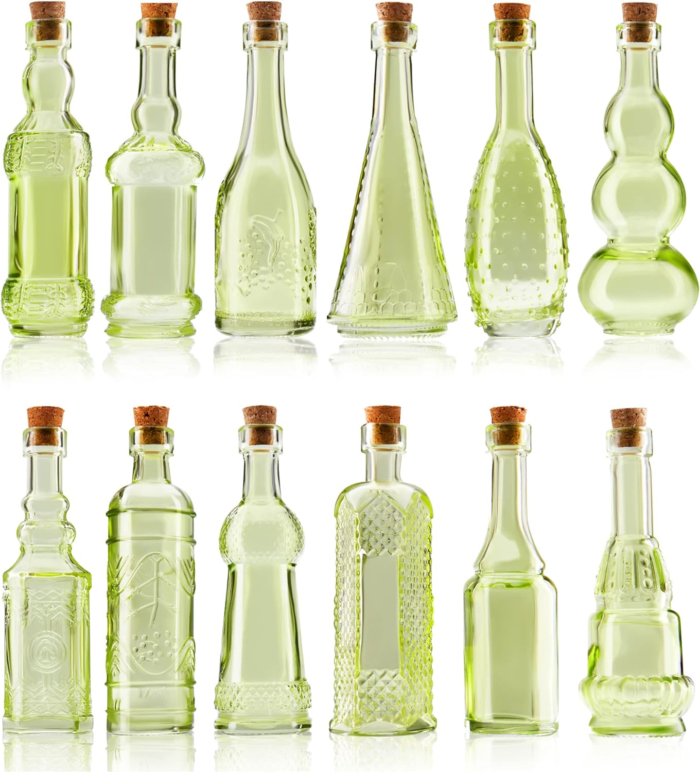 Small Mini Green Vintage Glass Bottles with Corks, Mini Vases, Decorative, Potion, Assorted Design Set of 12 pcs, 4.6 Inch Tall (11.43cm), 1.4 Inch Wide (3.56cm)