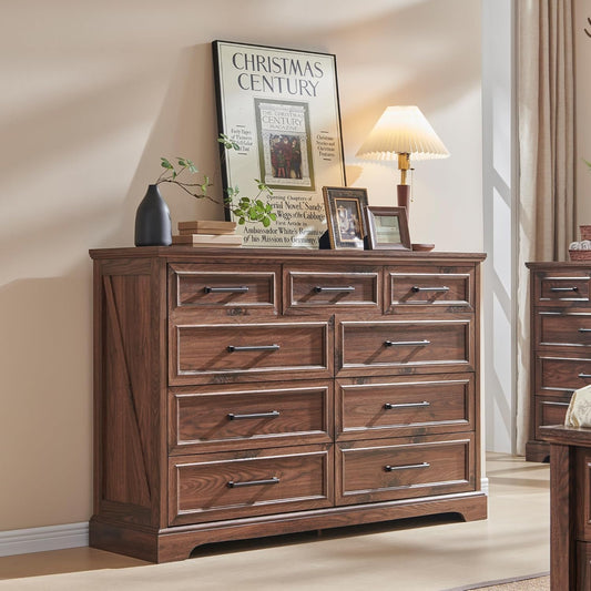 Farmhouse 9 Drawer Dresser for Bedroom, 36 Inch Tall Modern Dresser TV Stand with Large Drawers & Bar Handles, Rustic Wood Chest of Drawers for Bedroom, Living Room, Hallway, Brown
