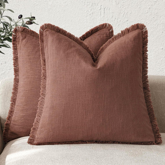 Foindtower Set of 2 Decorative Linen Fringe Throw Pillow Covers Boho Farmhouse Cushion Cover with Tassels Accent Pillowcase for Couch Chair Sofa Bed Living Room Home Decor,22×22 Inch,Rust Red