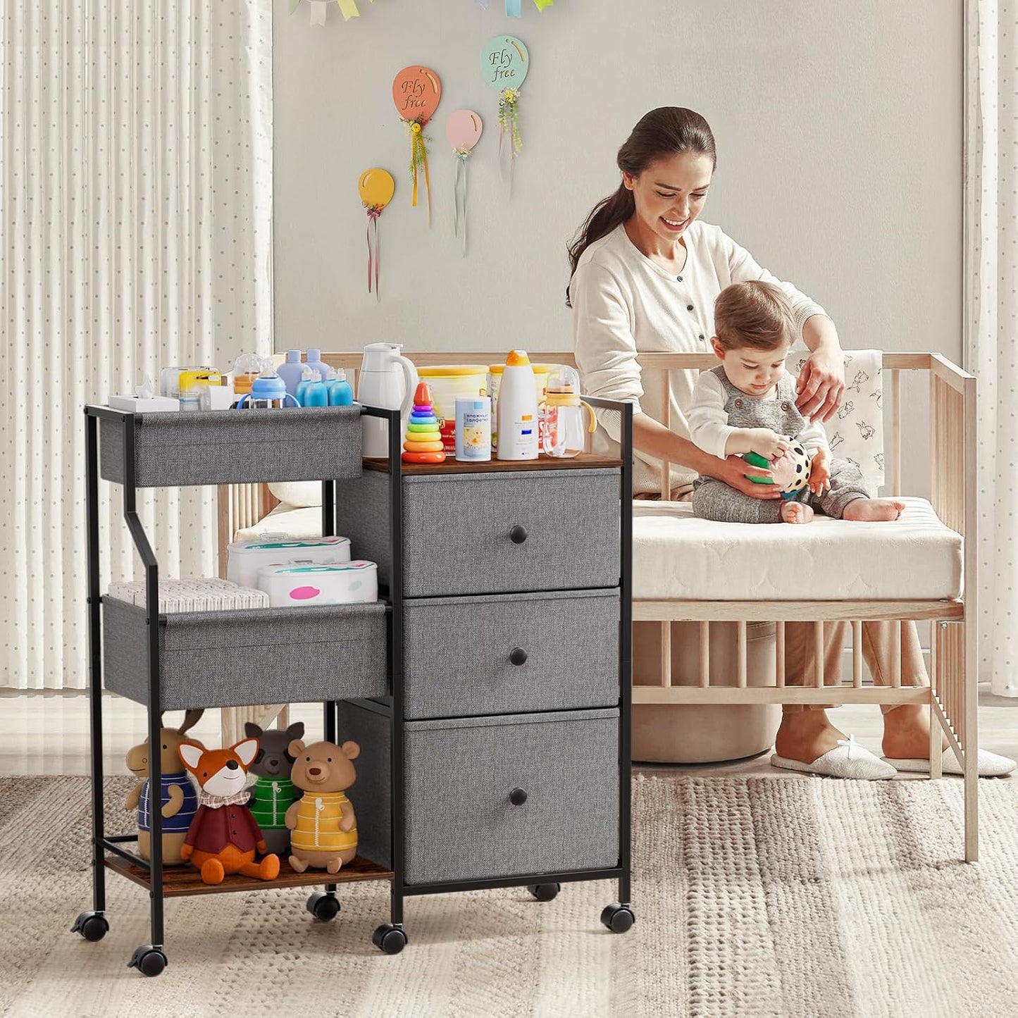 Baby Diaper Caddy Organizer and Storage - 3 Tier Rolling Cart with Dividers and Drawers, Easy To Assemble, Mobile Utility Cart with Wheels for Nursery, Bedroom, Changing Table & Crib