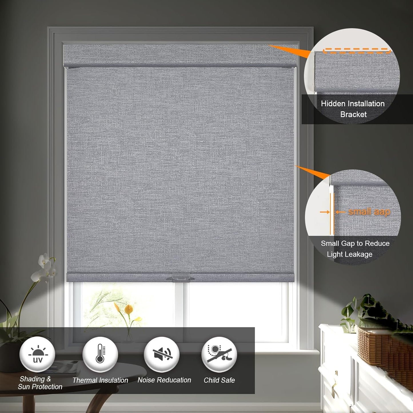 Persilux Blackout Roller Shades for Indoor Windows with Upgraded Cassette, Cordless Shades Window Blinds Pull Down for Doors, Easy to Install for Office/Living Room/Bedroom, Grey(83" W x 64" H)